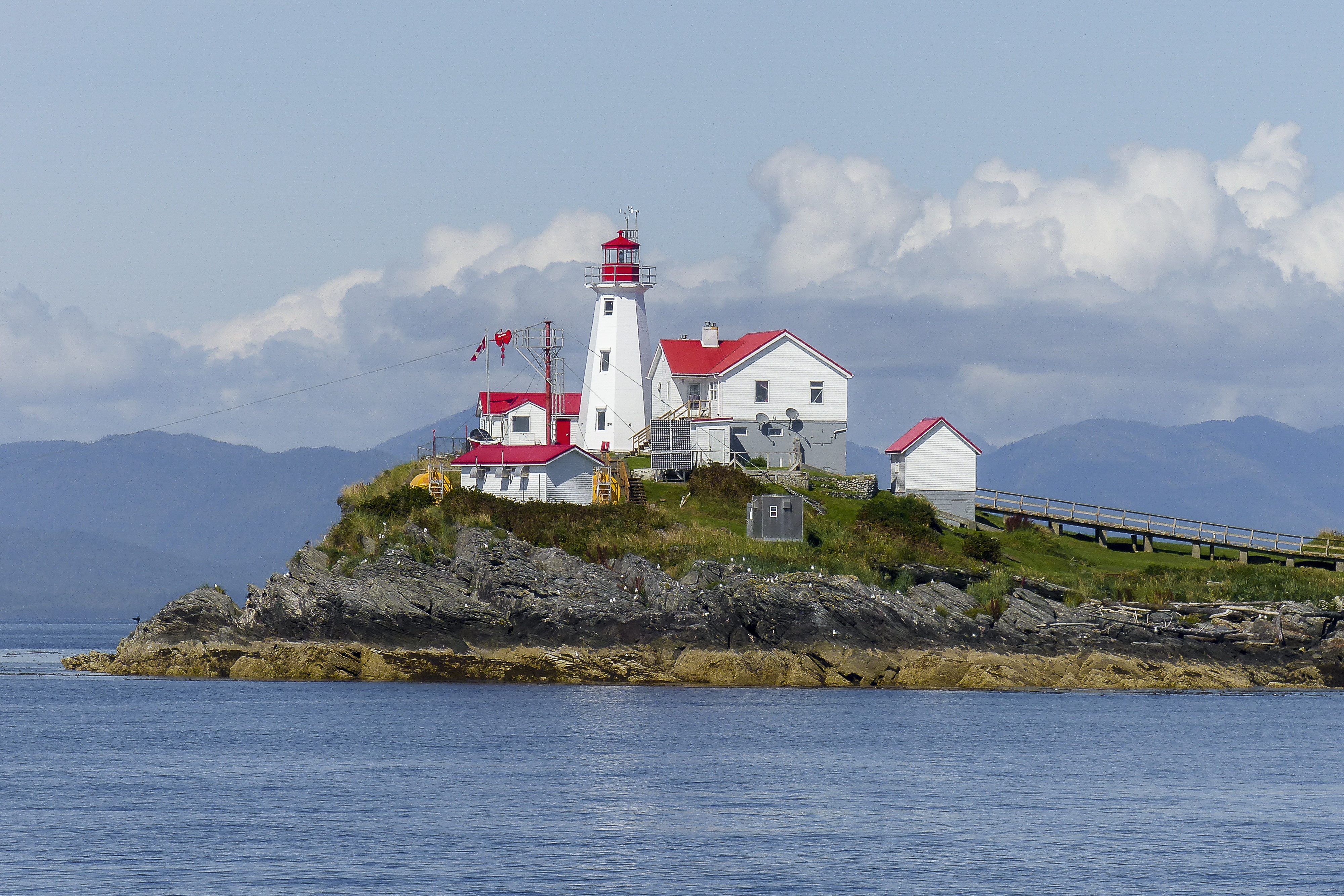 lighthouse, fishing industry, building exterior, mountain, architecture, maritime life, summer, british columbia, no people, landscape, built structure, HD Wallpaper
