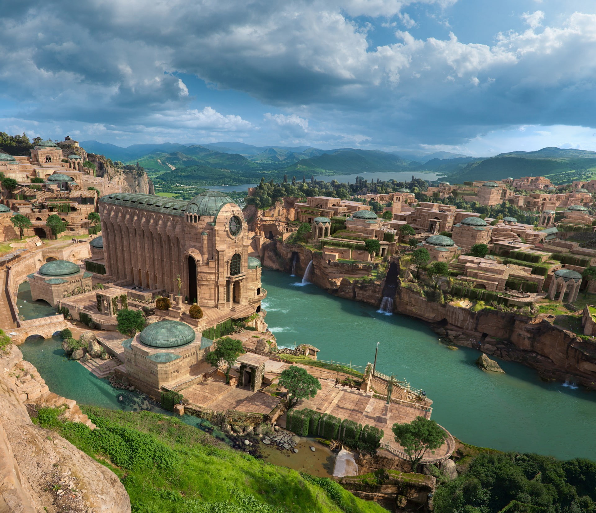 building, EMERALD CITY, mountains, river, 1080P, HD Wallpaper