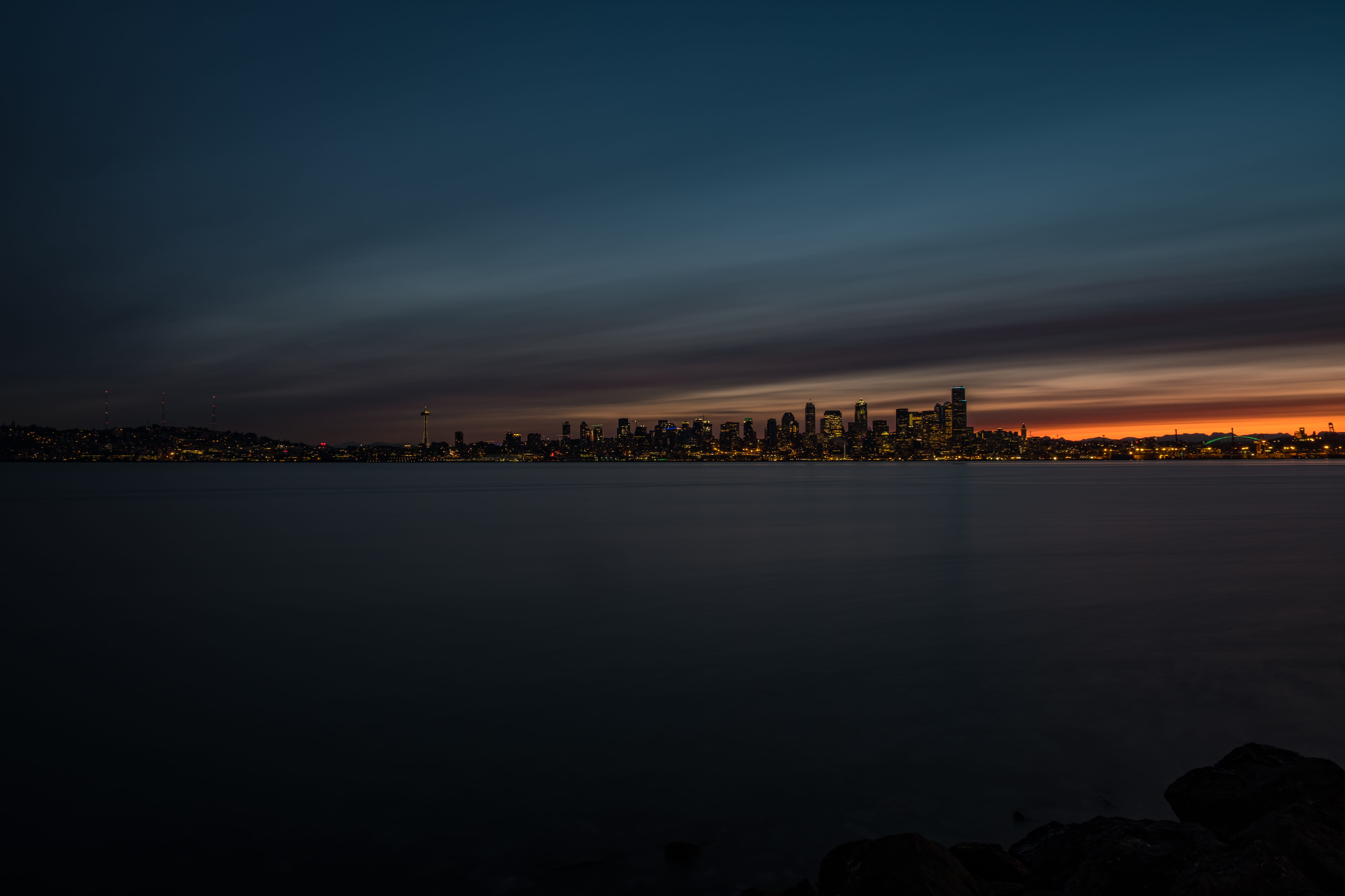 beauty in nature, waterfront, water, buildings, morning, concrete jungle, emerald city, long shutter, scenics - nature, pnw, cityscape, architecture, sky, HD Wallpaper