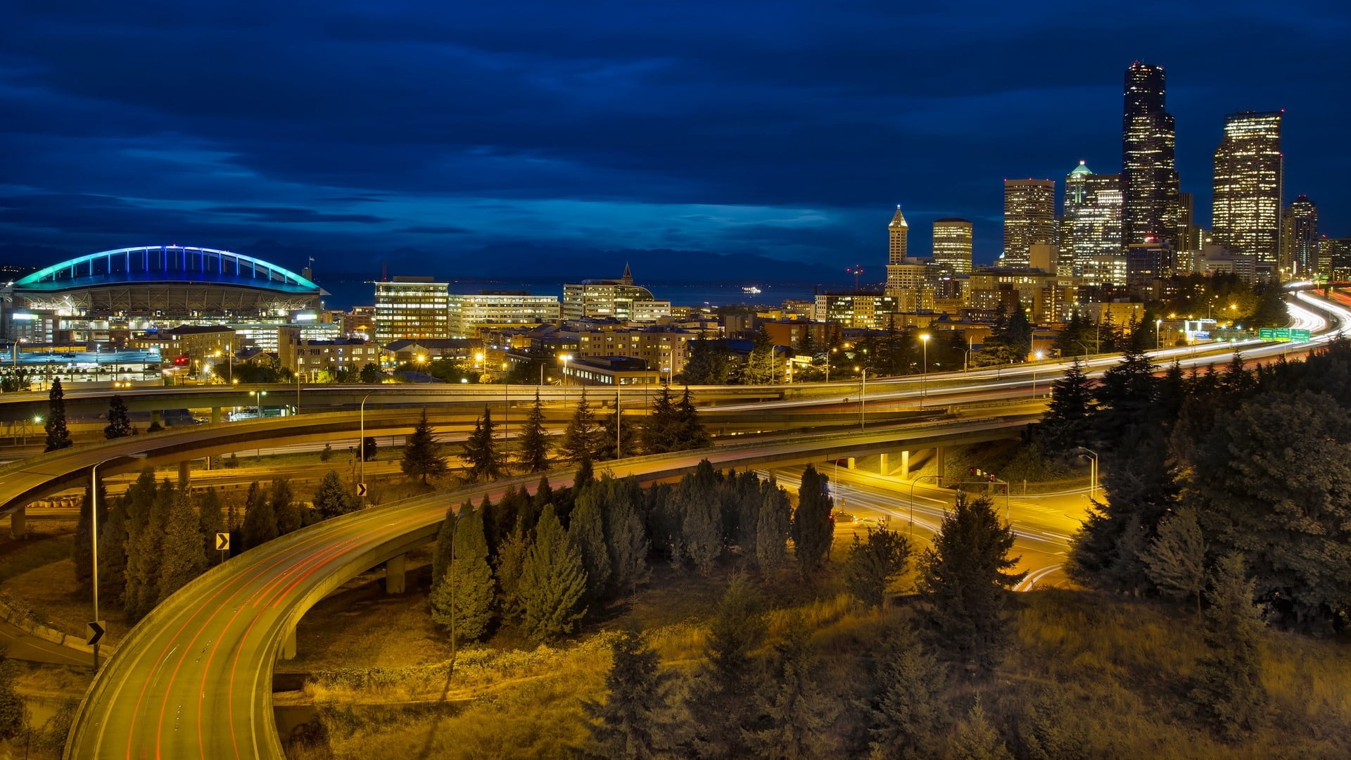 light - Natural Phenomenon, white, sky, street Light, 1080P, downtown District, twilight, transportation, washington, no people, highway, office building exterior, HD Wallpaper