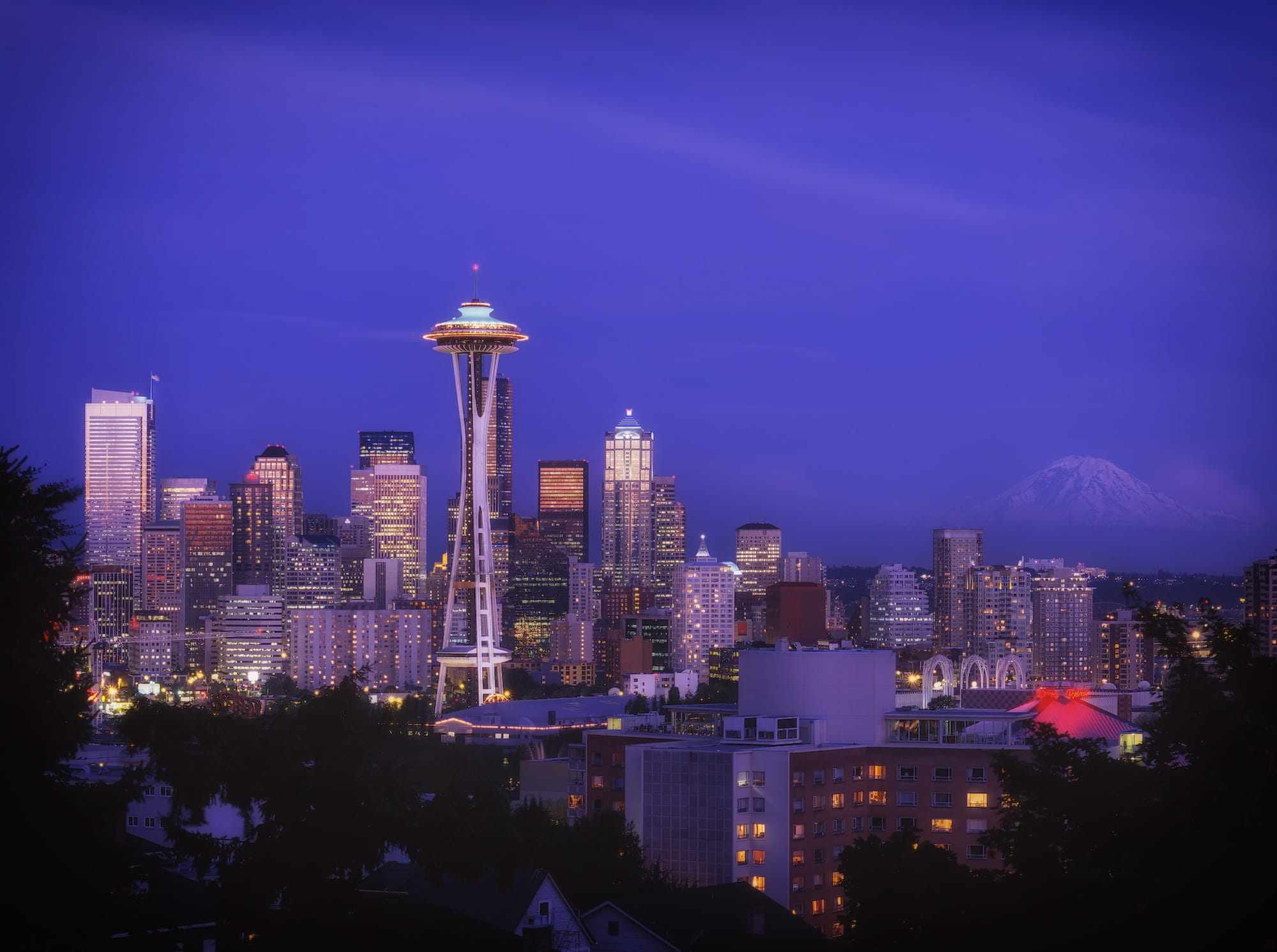 urban skyline, seattle, financial district, sky, modern, travel destinations, night, 1080P, tall - high, outdoors, landscape, city, nighttime, architecture, HD Wallpaper