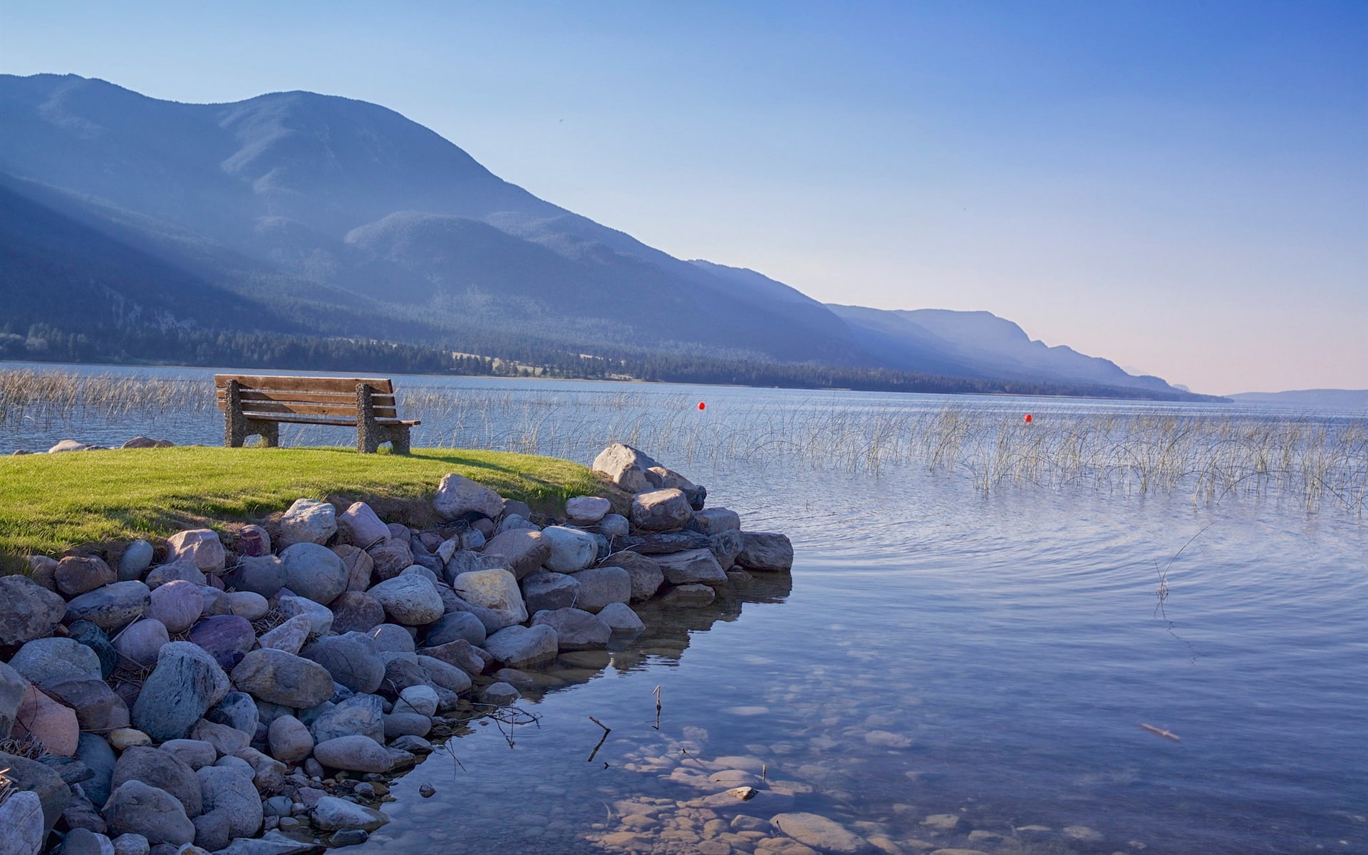 1080P, Lake, Grass, Canada, Mountains, Columbia, Bench, Stones, British, HD Wallpaper