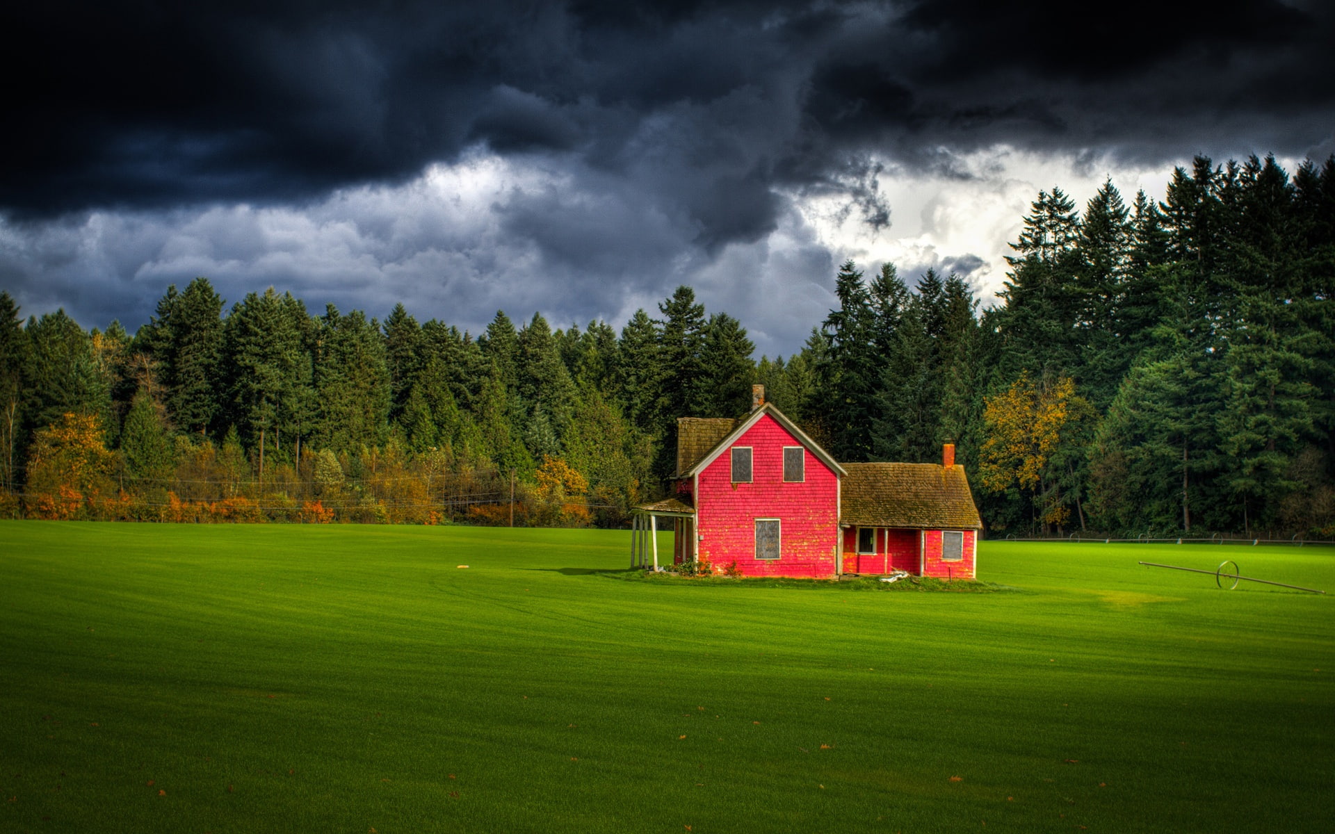 British, Farm, 1080P, Forest, Sky, Columbia, Cloudy, Red, House, Canada, HD Wallpaper