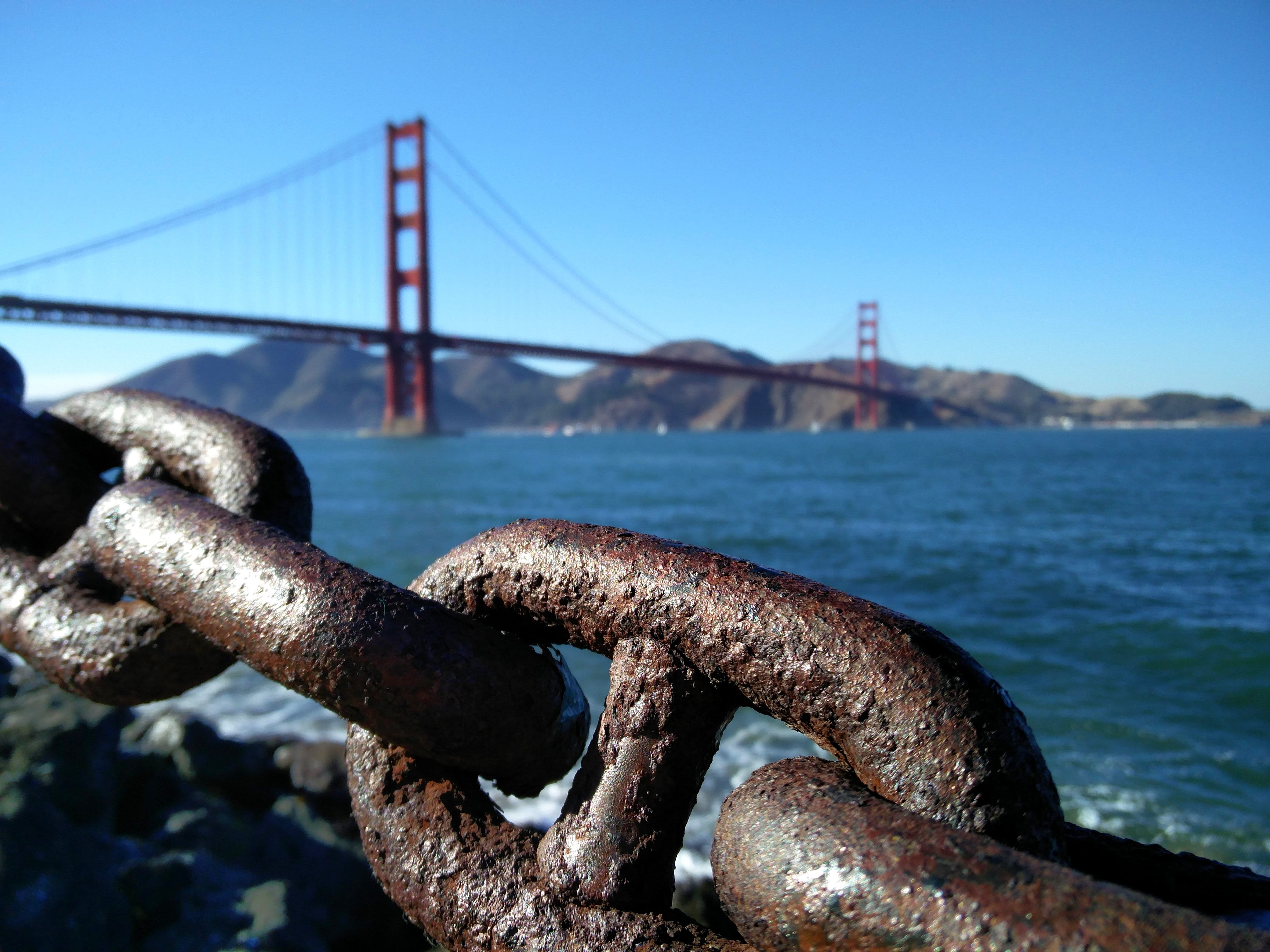 rusty, nature, san francisco bay trail, suspension bridge, chain, no people, architecture, sf, close-up, day, golden state, water, outdoors, sky, bay, bridge - man made structure, HD Wallpaper