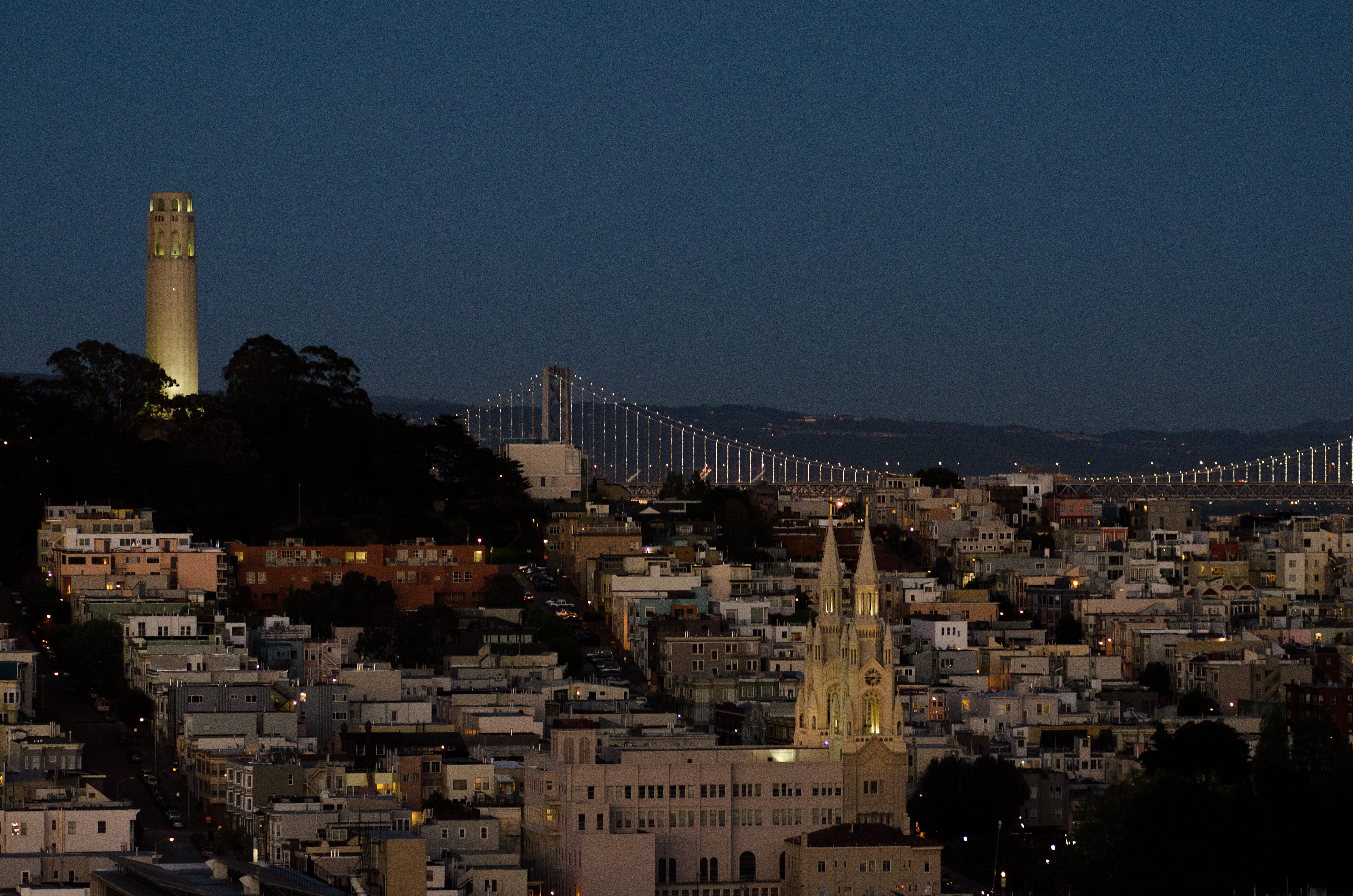 city, clear sky, night, united states, residential district, crowded, outdoors, bridge, cityscape, illuminated, skyscraper, sky, coit tower, built structure, HD Wallpaper