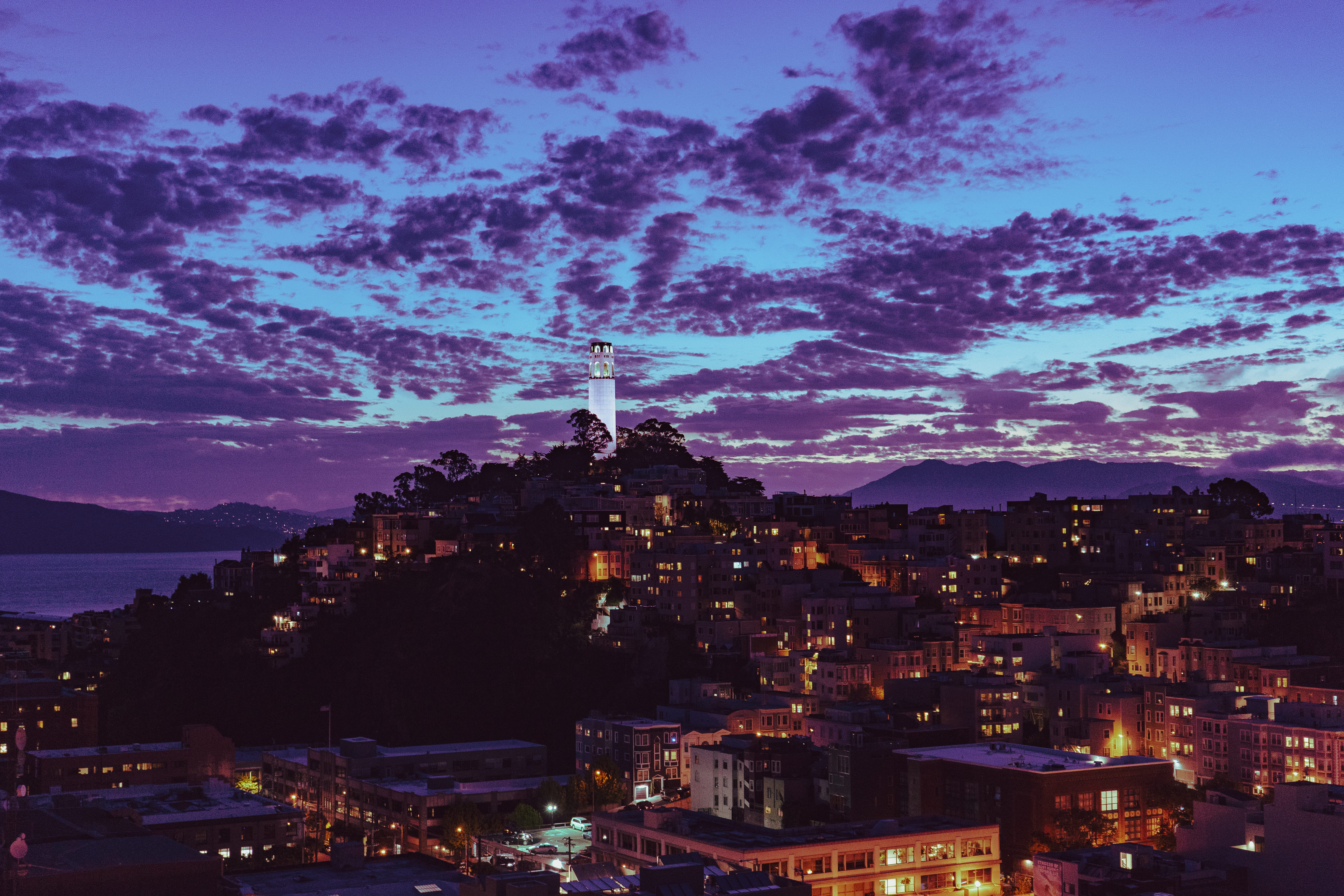 nature, purple, sky, illuminated, building exterior, building, cloud - sky, place of worship, lights, city, dusk, trees, warm, spire, travel destinations, HD Wallpaper
