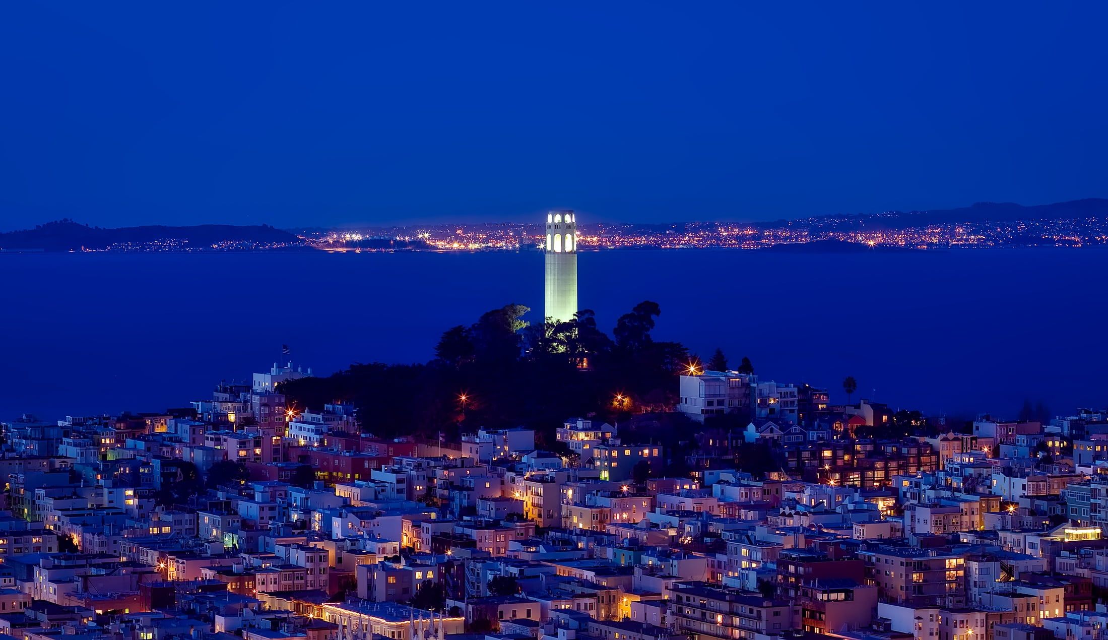 famous Place, aerial, 1080P, nature, city, tourism, sky, bay, glow, residential district, san francisco, california, lighthouse, photo, night, buildings, HD Wallpaper