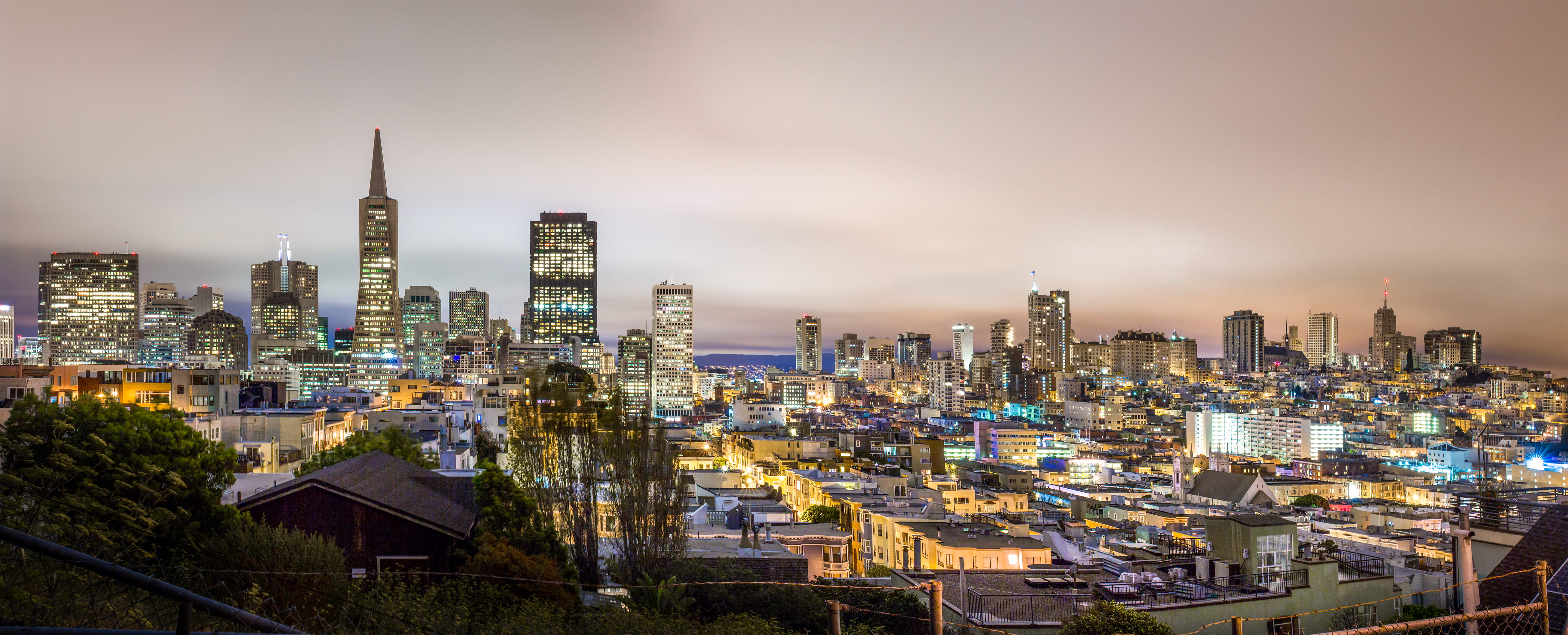 coit, high angle view, urban sprawl, neighborhood, nature, steeple, architecture, san, night, apartment building, building, illuminated, lighted, cloud - sky, HD Wallpaper