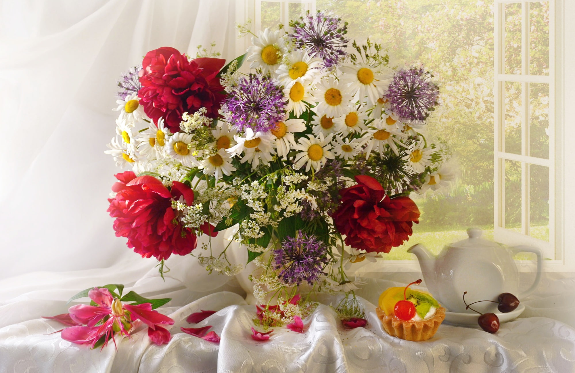 1080P, peonies, chamomile, cake, bouquet, in Durban, cherry, HD Wallpaper