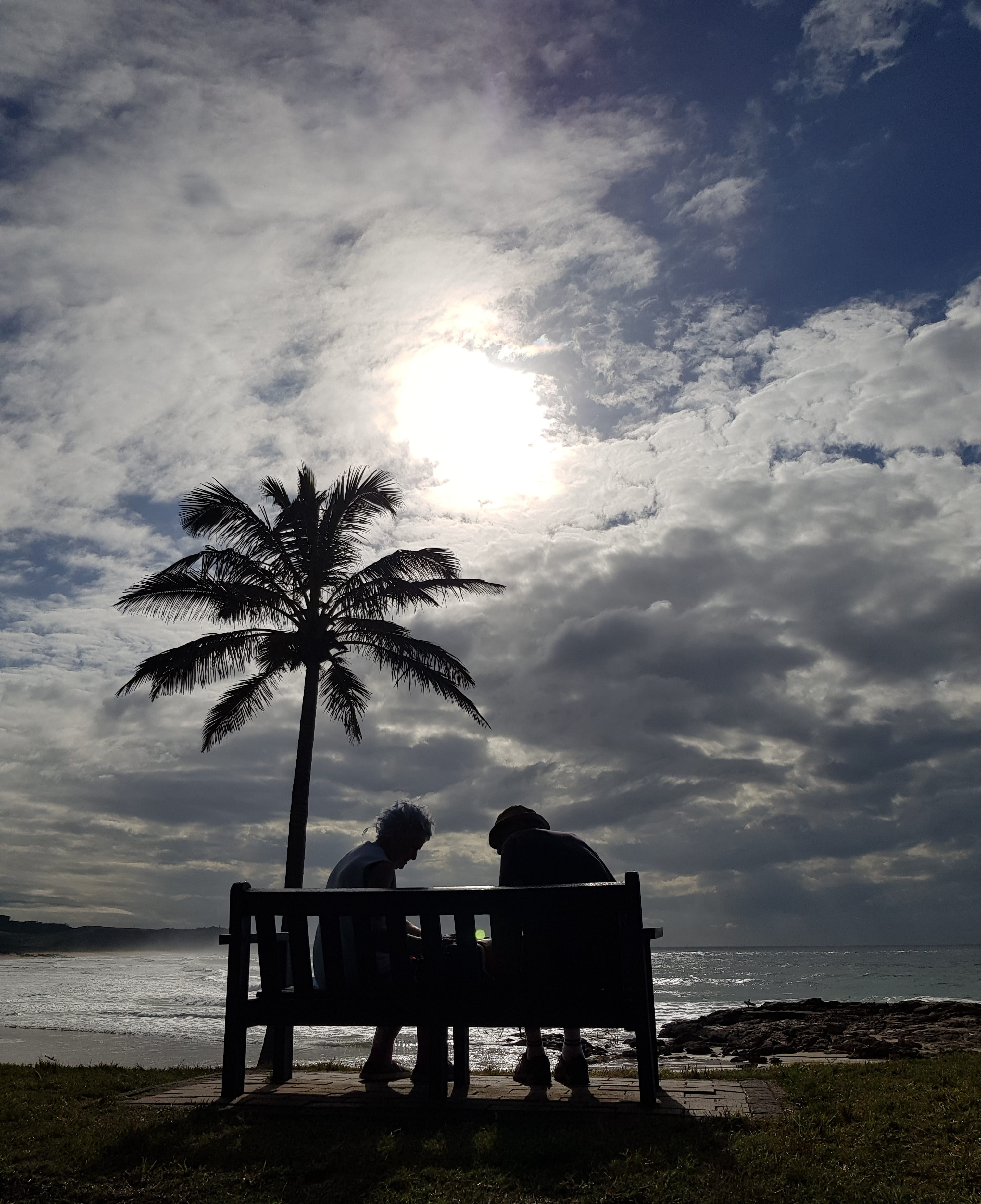 157 marine terrace, tropical climate, lifestyles, land, old age, beauty in nature, bench, togetherness, cloud - sky, durban, beach, south africa, sky, sea, Phone HD Wallpaper