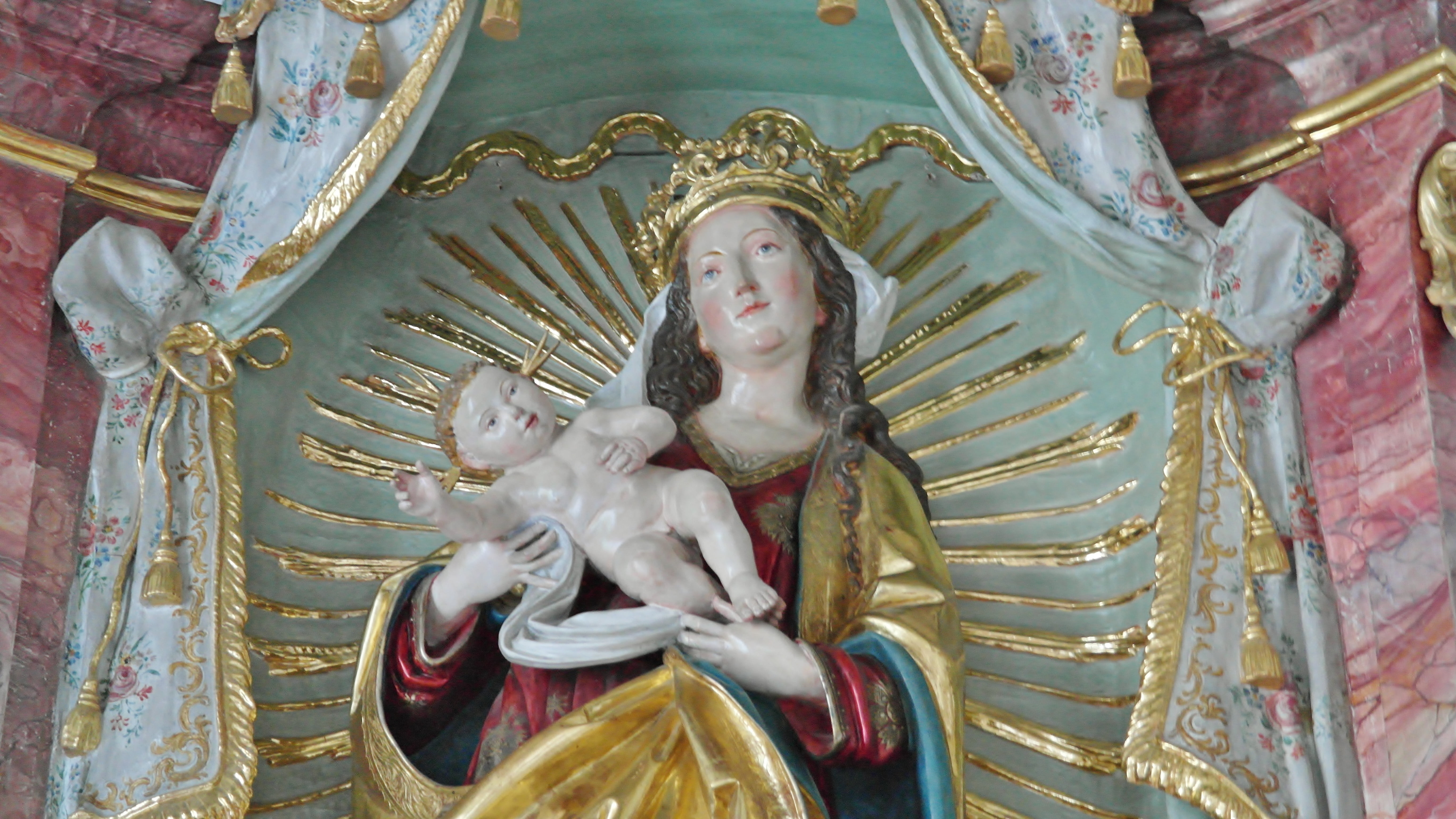 female likeness, place of worship, no people, christian, belief, male likeness, mother of god, christ child, spirituality, art and craft, representation, HD Wallpaper