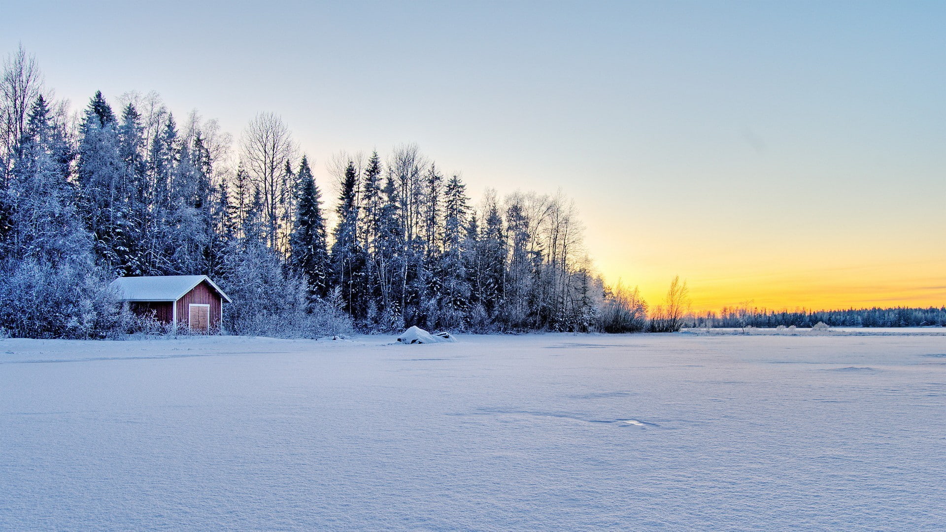 trees, landscape, wooden, white, winter, near, forest, frost, 1080P, house, hut, sunset, brown, snowfield, HD Wallpaper