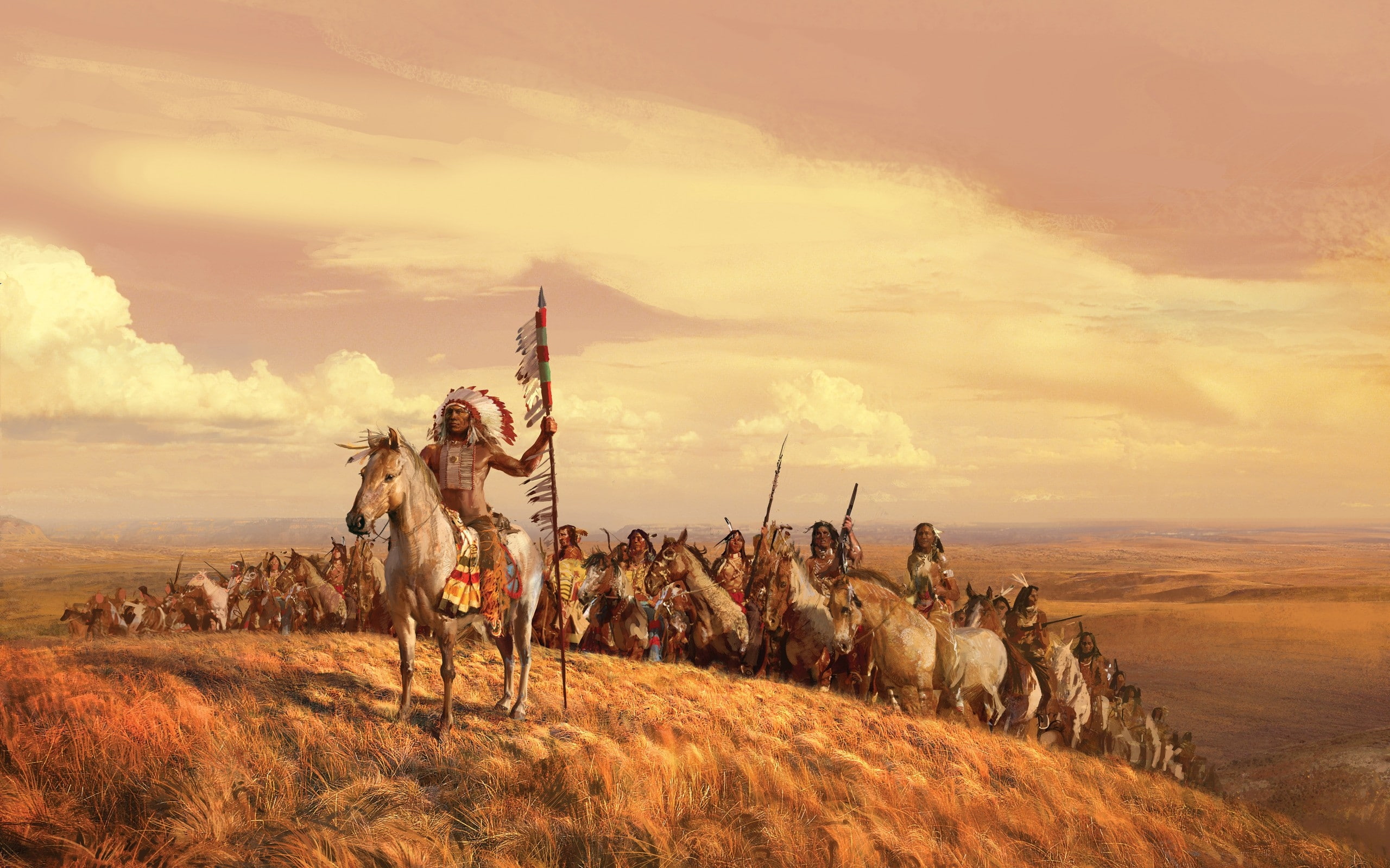 art, x, horses, spears, artwork, leader, 2K, valley, wallp, skyscapes, animals, Landscapes, tribes, hd, indians, paintings, HD Wallpaper