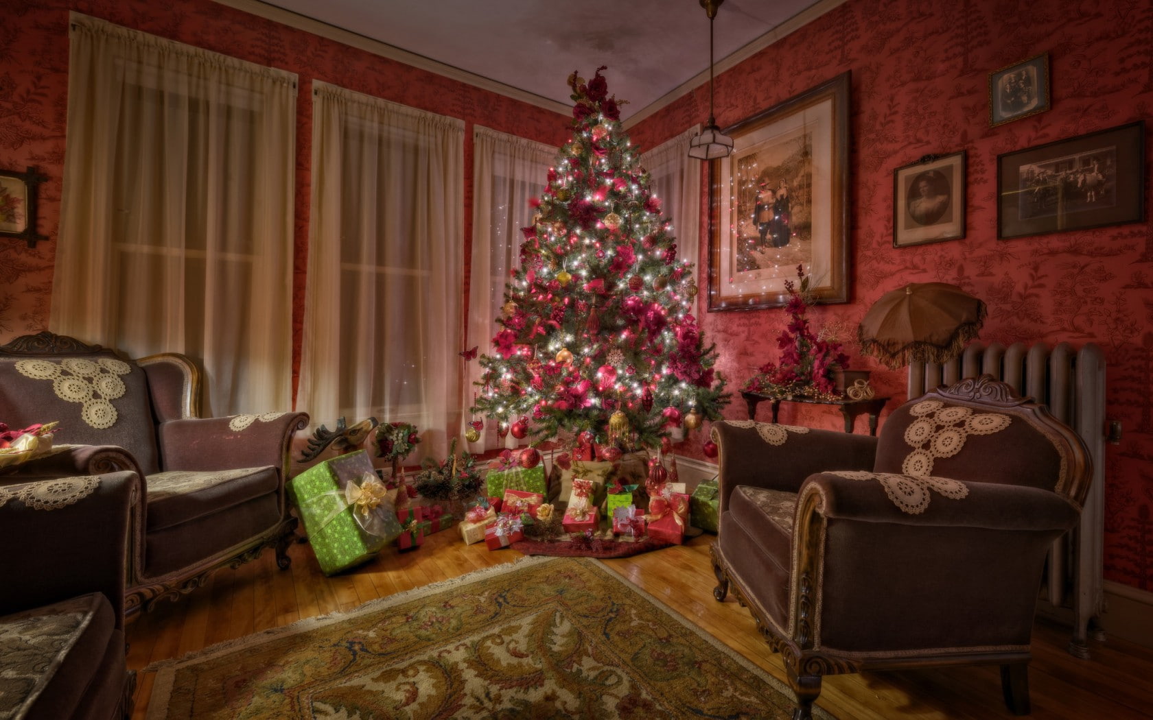 year, new, green, 720P, chairs, sofa, tree, brown, red, room, holiday, christmas, white, fabric, HD Wallpaper