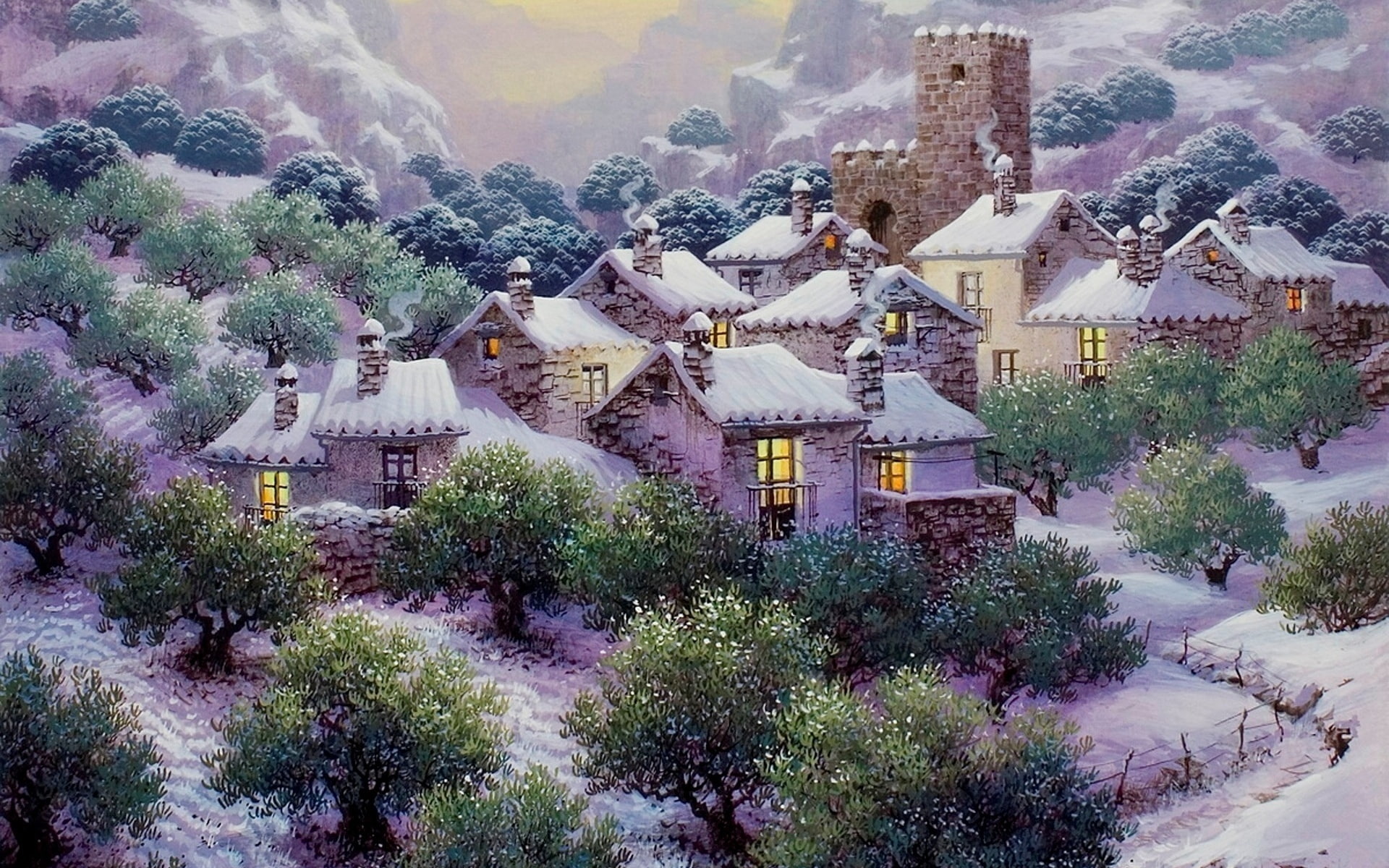 rustic, hills, buildinngs, seasons, world, houses, 1080P, nature, fantasy, winter, art, plants, paintings, mountains, snow, landscapes, architecture, HD Wallpaper
