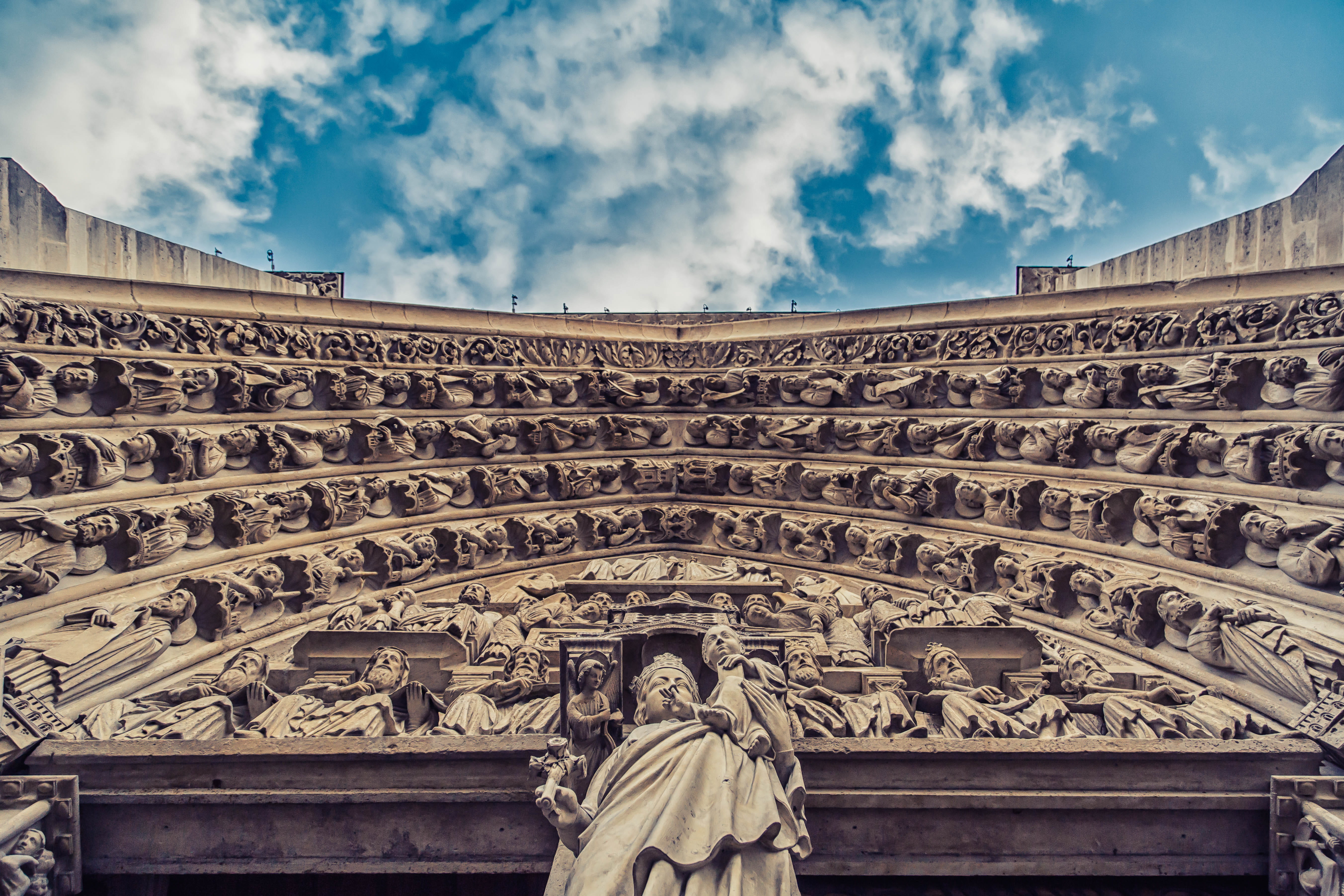 cityscape, representation, craft, architecture, low angle view, history, bas relief, day, travel, blue, notre dame, church, paris, city, cloud - sky, building exterior, HD Wallpaper