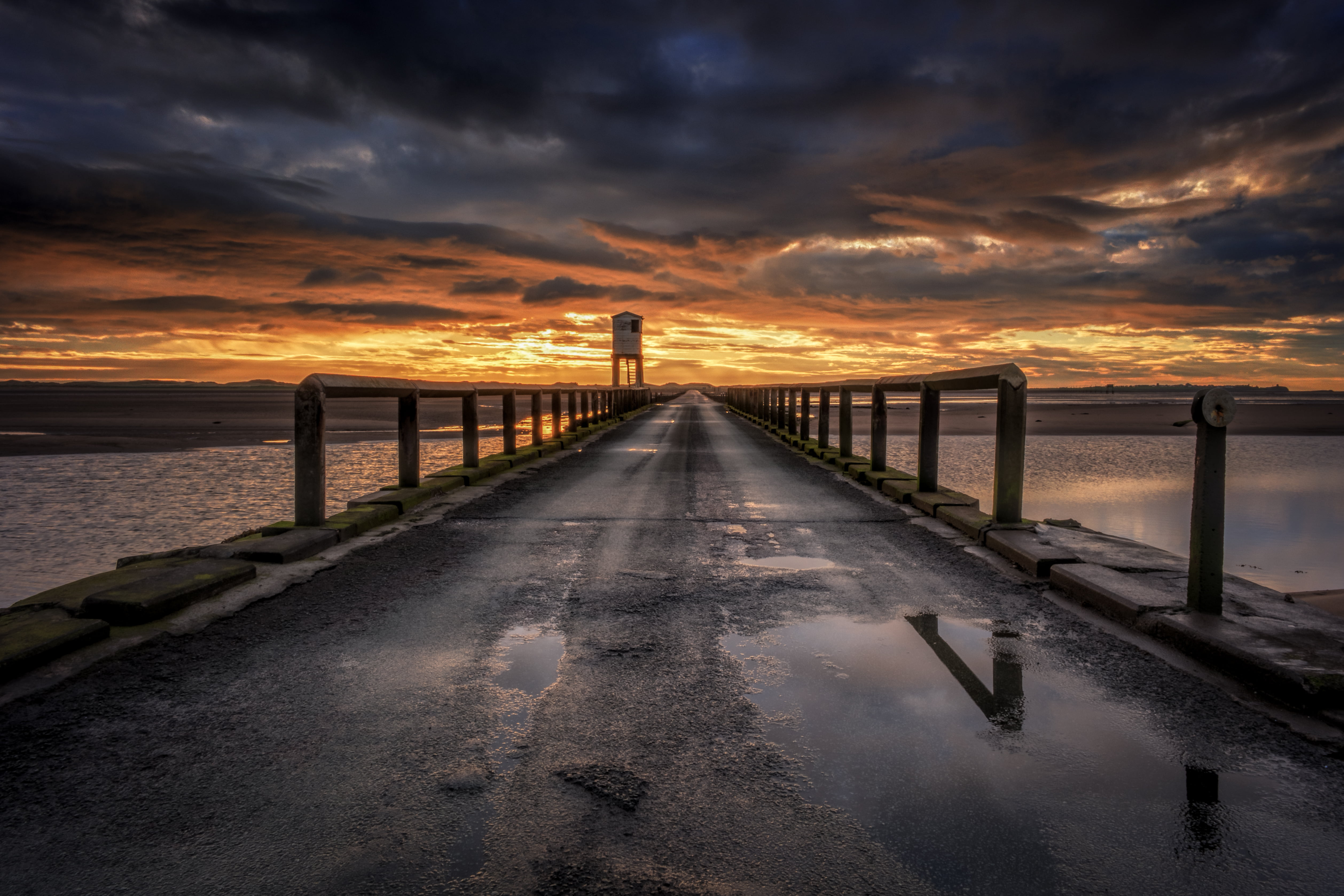 dusk, sea, nature, sky, lindisfarne, bridge, moody, view, landscape, Causeway, 4K, pier, wooden bridge, black, holy  island, beach, jones, outdoors, sunset, HD Wallpaper