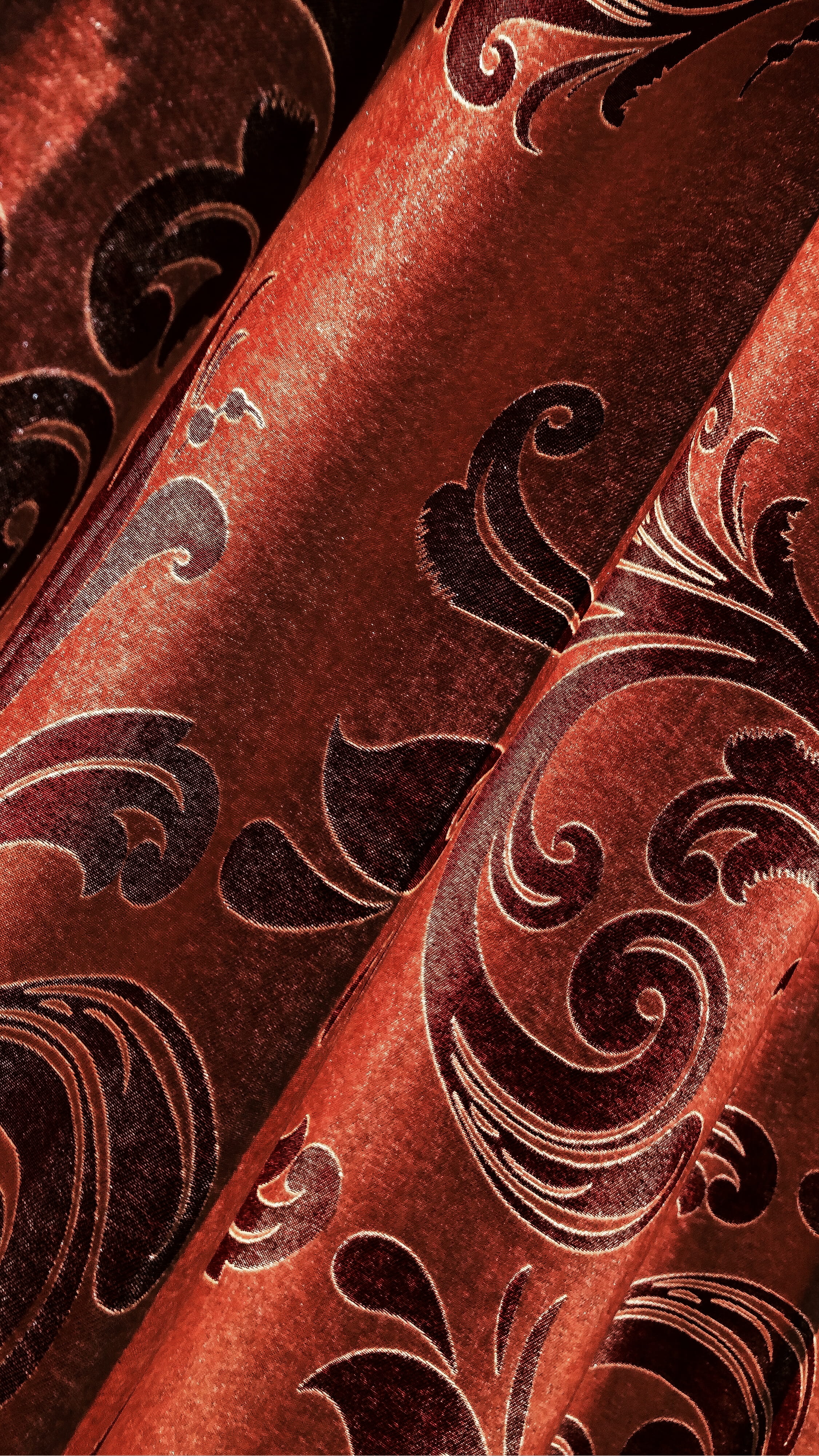 brown, red, art, leisure activities, full frame, indoors, cello, musical instrument, music, modern art, ornament, 4K, violin, pattern, silk, floral design, Phone HD Wallpaper