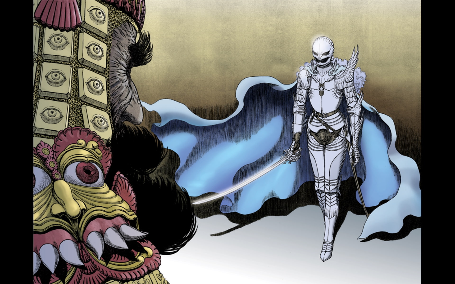 monster, person, battle, attire, vs, sword, cape, illustration, armor, 1080P, hd, comics, HD Wallpaper