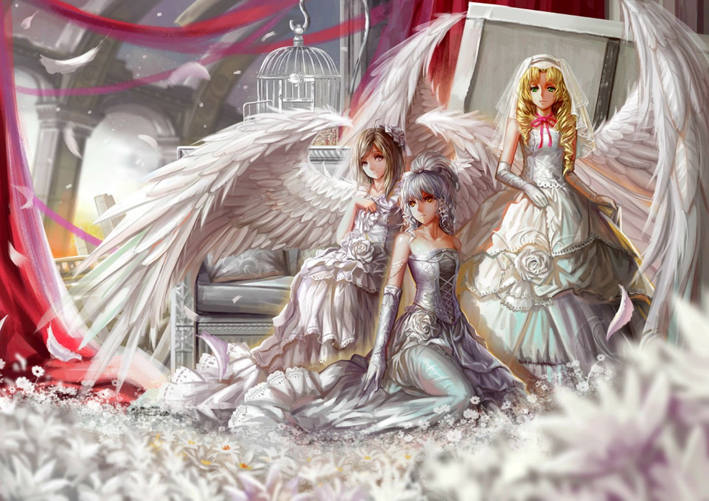 wedding, ribbons, 720P, white, cage, feathers, hair, saber, elbow, attire, gloves, wings, angel, flowers, blonde, HD Wallpaper