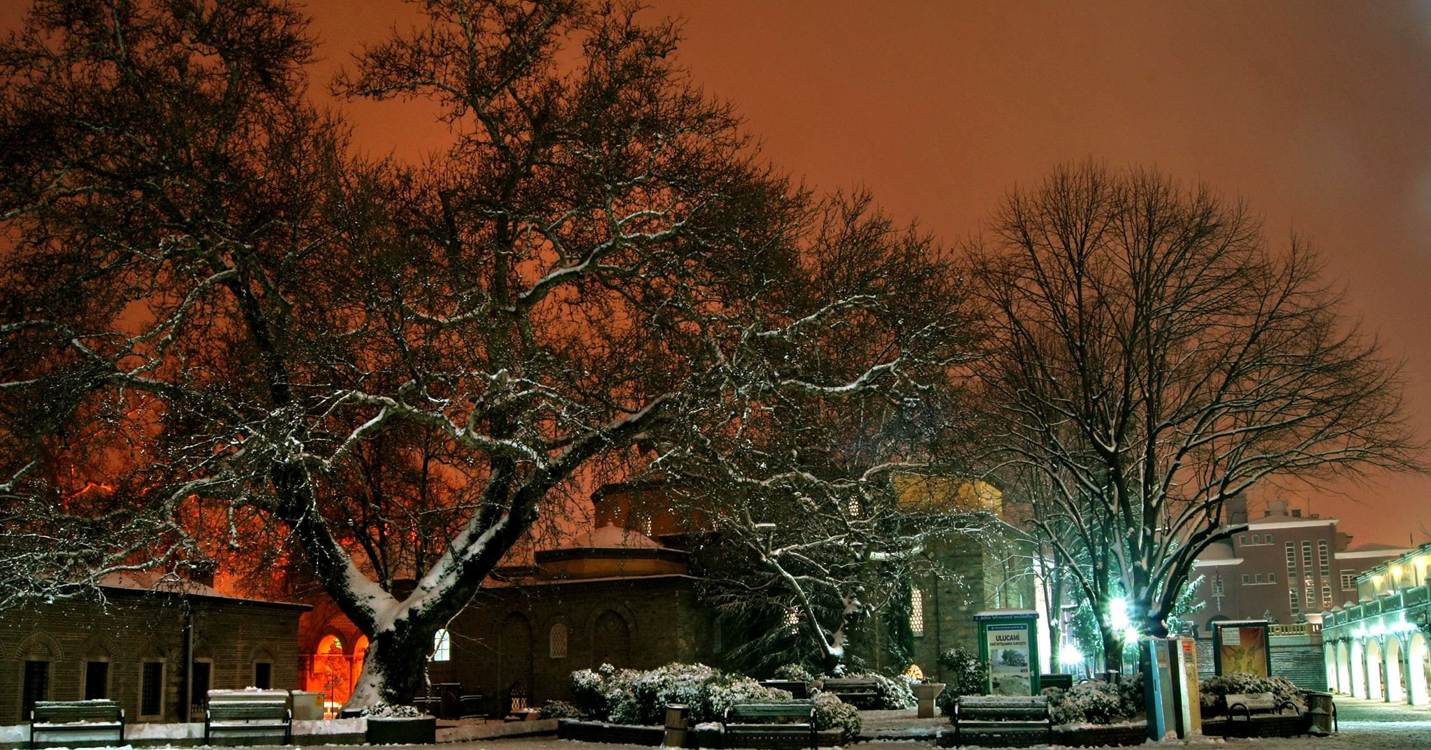 winter, turkey, night, ulu, landscape, bursa, 1080P, tree, snow, city, beautiful, cami, HD Wallpaper