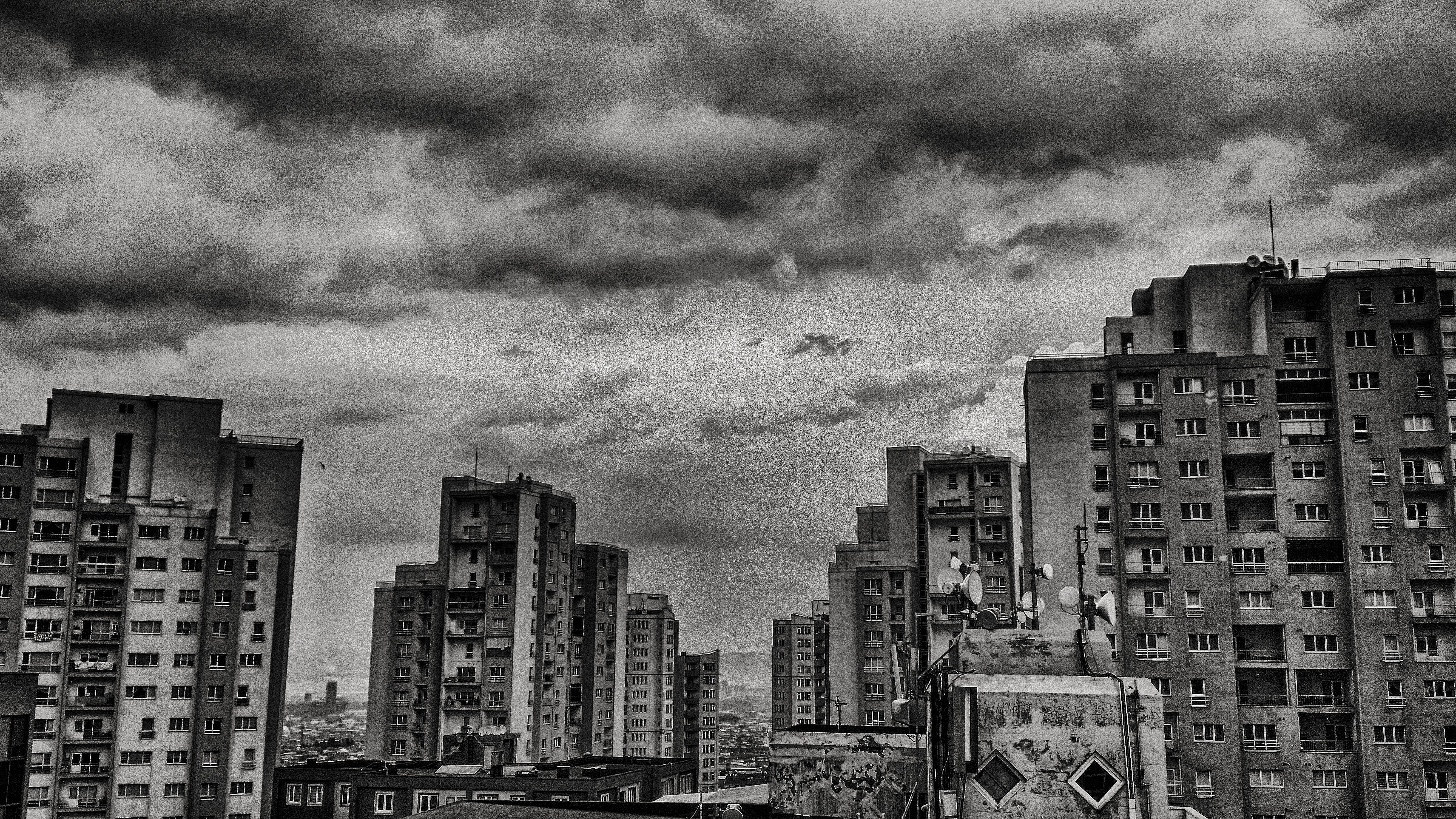 built structure, nature, cloud - sky, türkiye, storm, skyscraper, apartment, home, 5K, cityscape, building exterior, dusk, blackandwhite, outdoors, residential district, HD Wallpaper