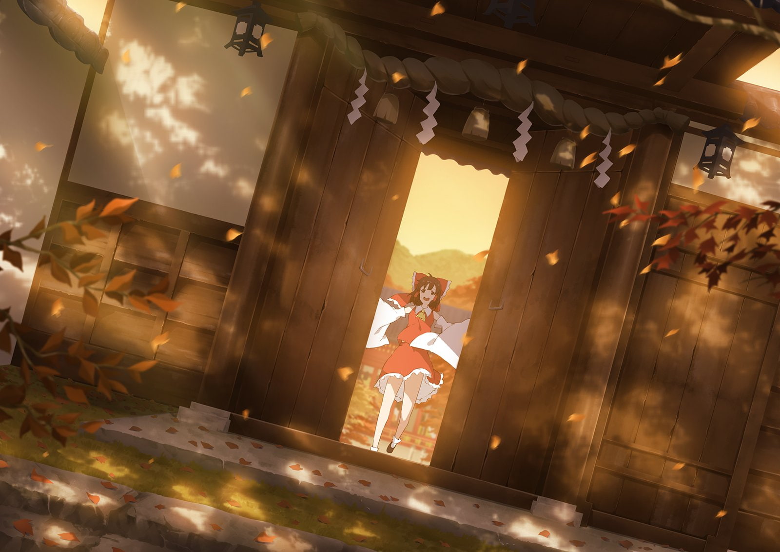 leaves, touhou, hakurei, tamamono, clothes, atae, japanese, reimu, 720P, miko, HD Wallpaper