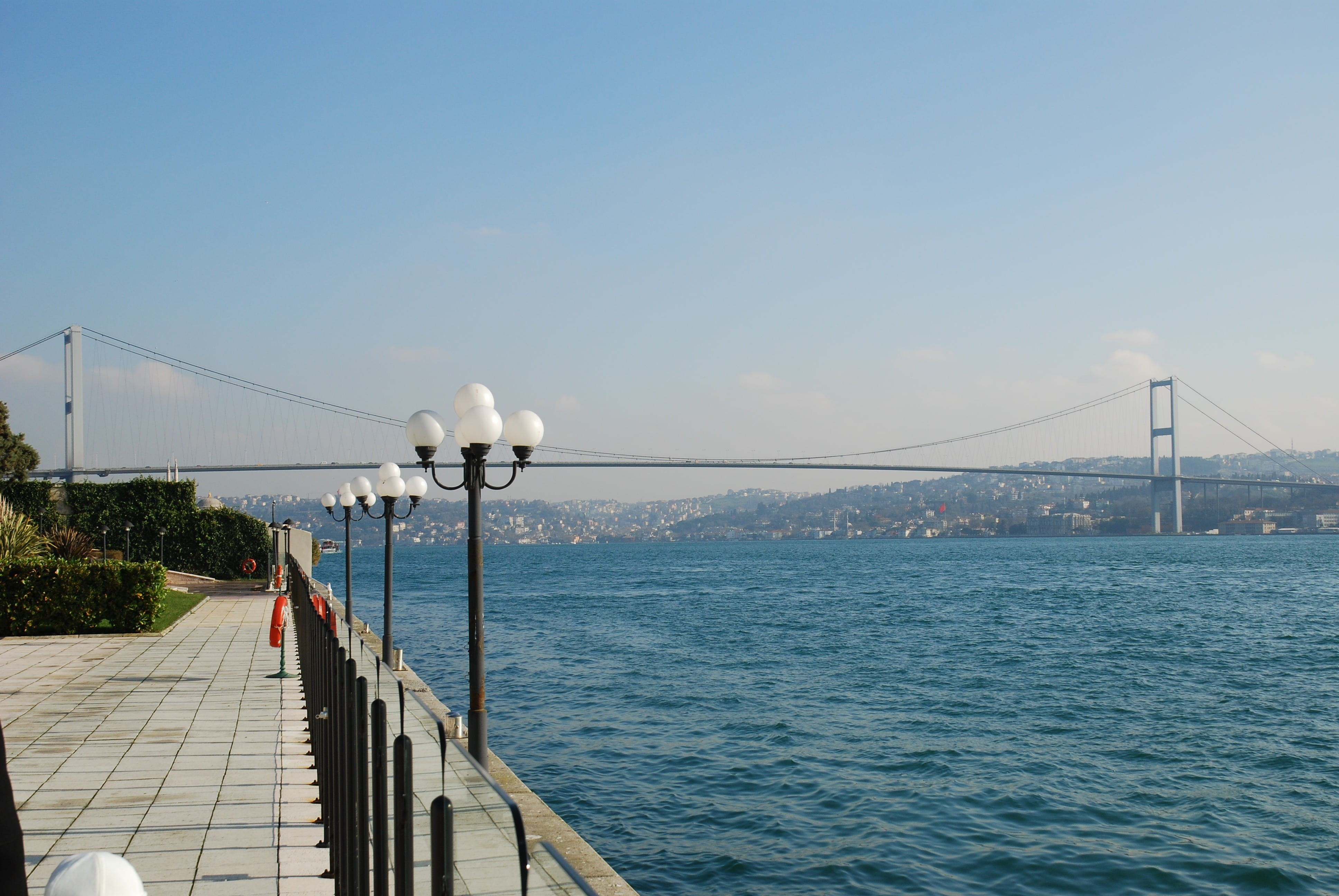 blue, copy space, cityscape, scenic, downtown, urban, water, transportation, bridge, fatih sultan mehmet bridge, sea, connection, railing, sky, day, turkey, HD Wallpaper