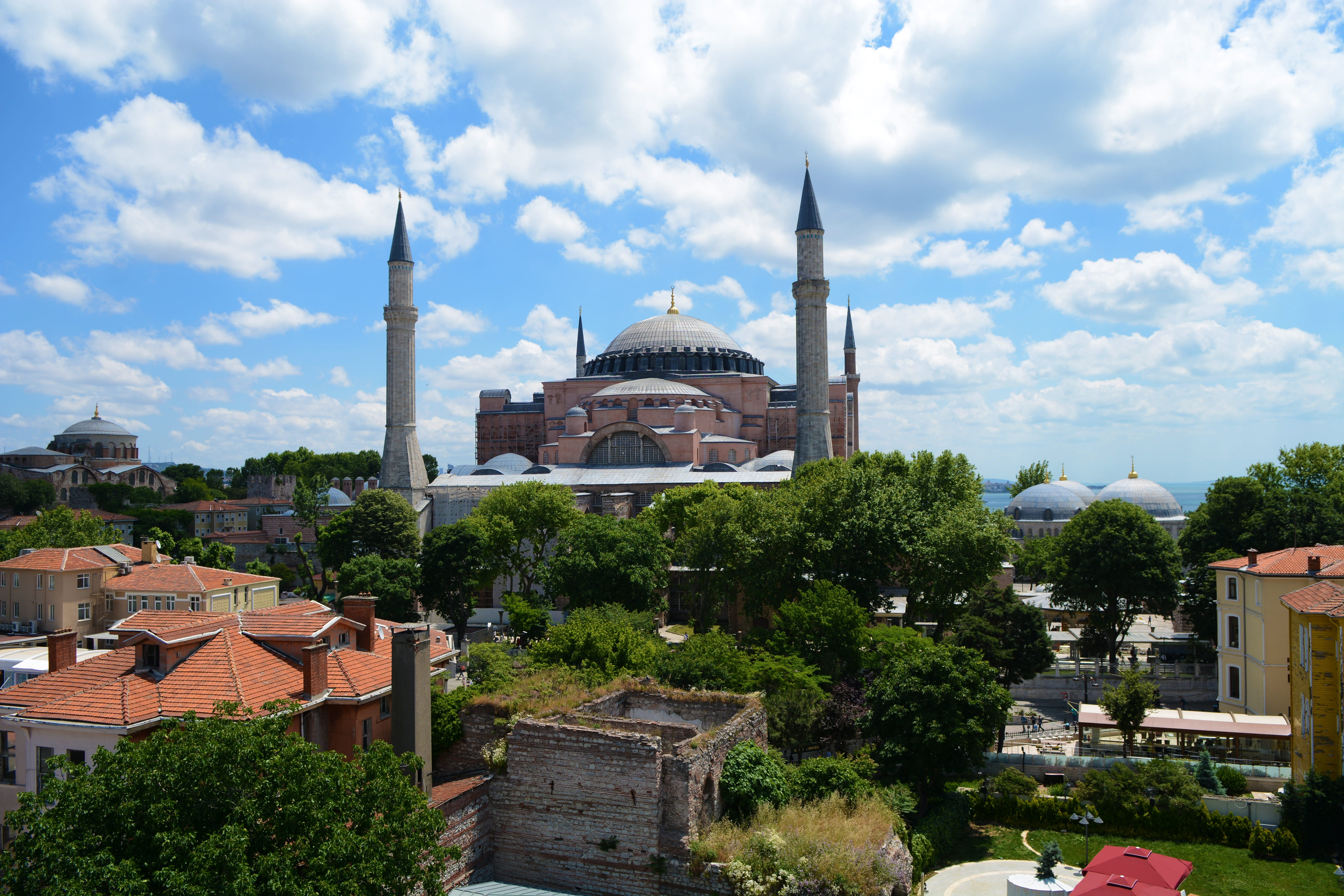 architecture, spirituality, travel destinations, hagia sofia, cloud - sky, nature, built structure, belief, dome, 5K, building, outdoors, place of worship, HD Wallpaper