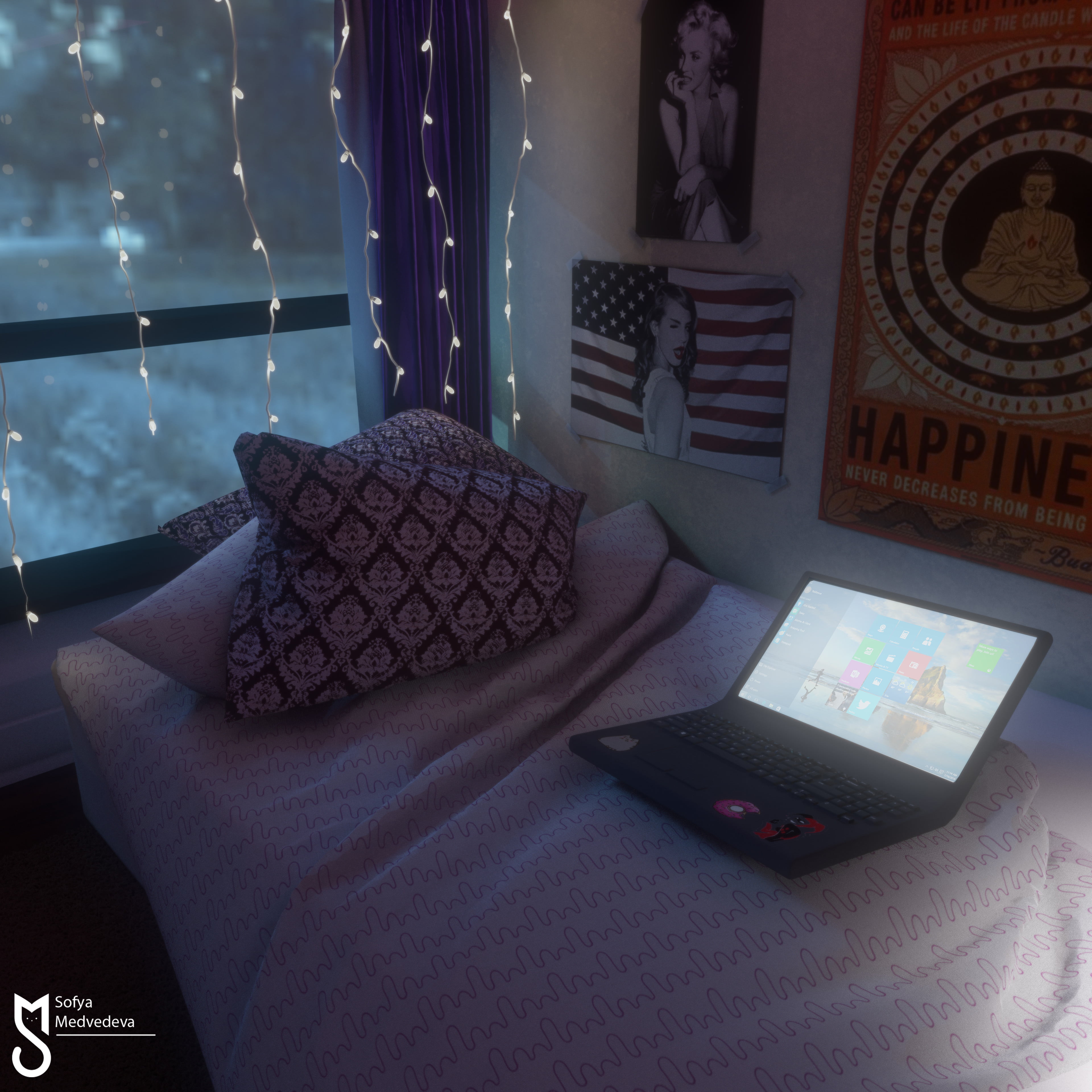 artwork, digital painting, laptop, Sofya Medvedeva, 4K, cushions, digital art, ArtStation, bedroom, Phone HD Wallpaper