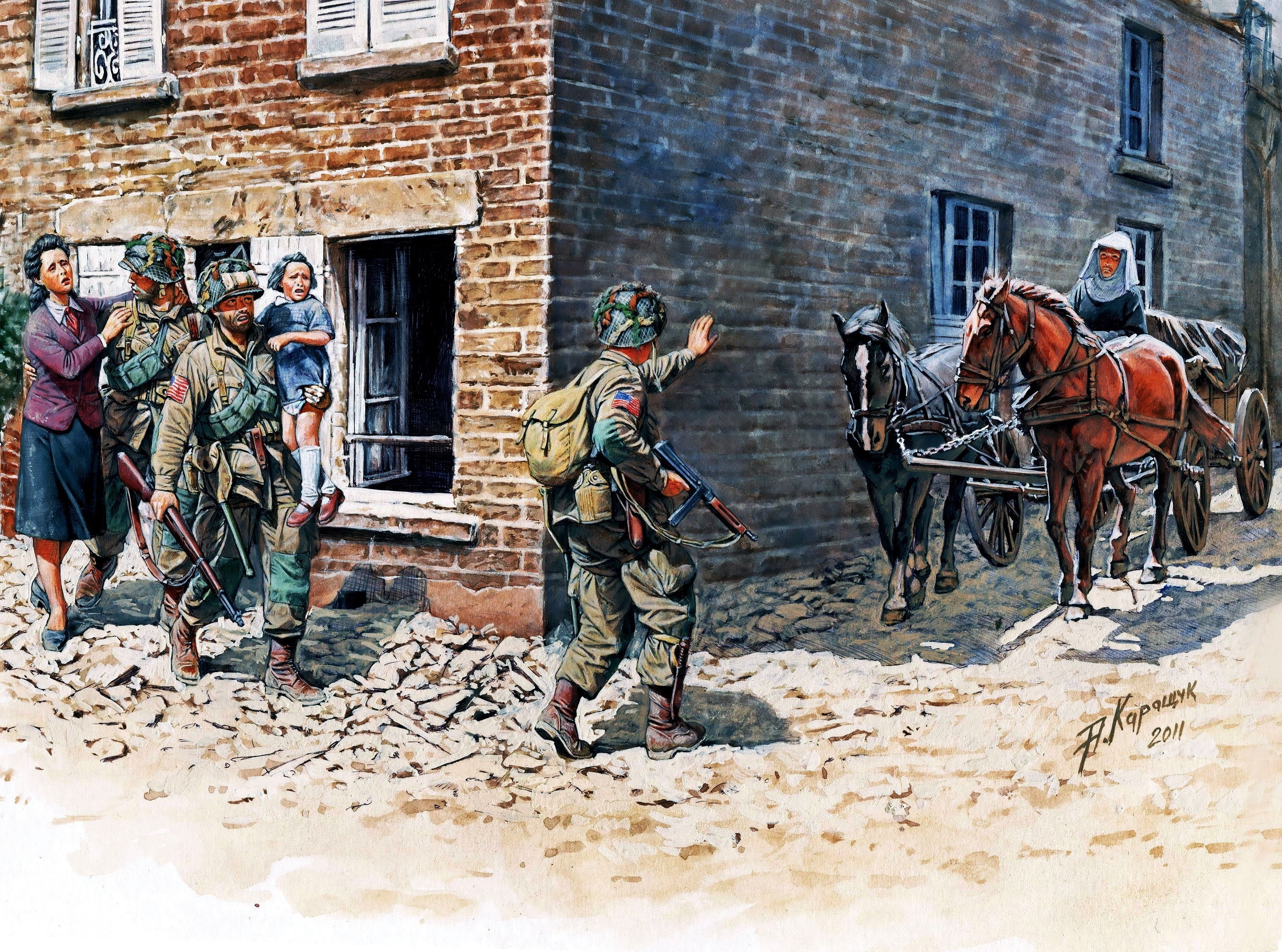 painting, horses, art, 1944, wall, soldiers, brick, 2K, france, HD Wallpaper