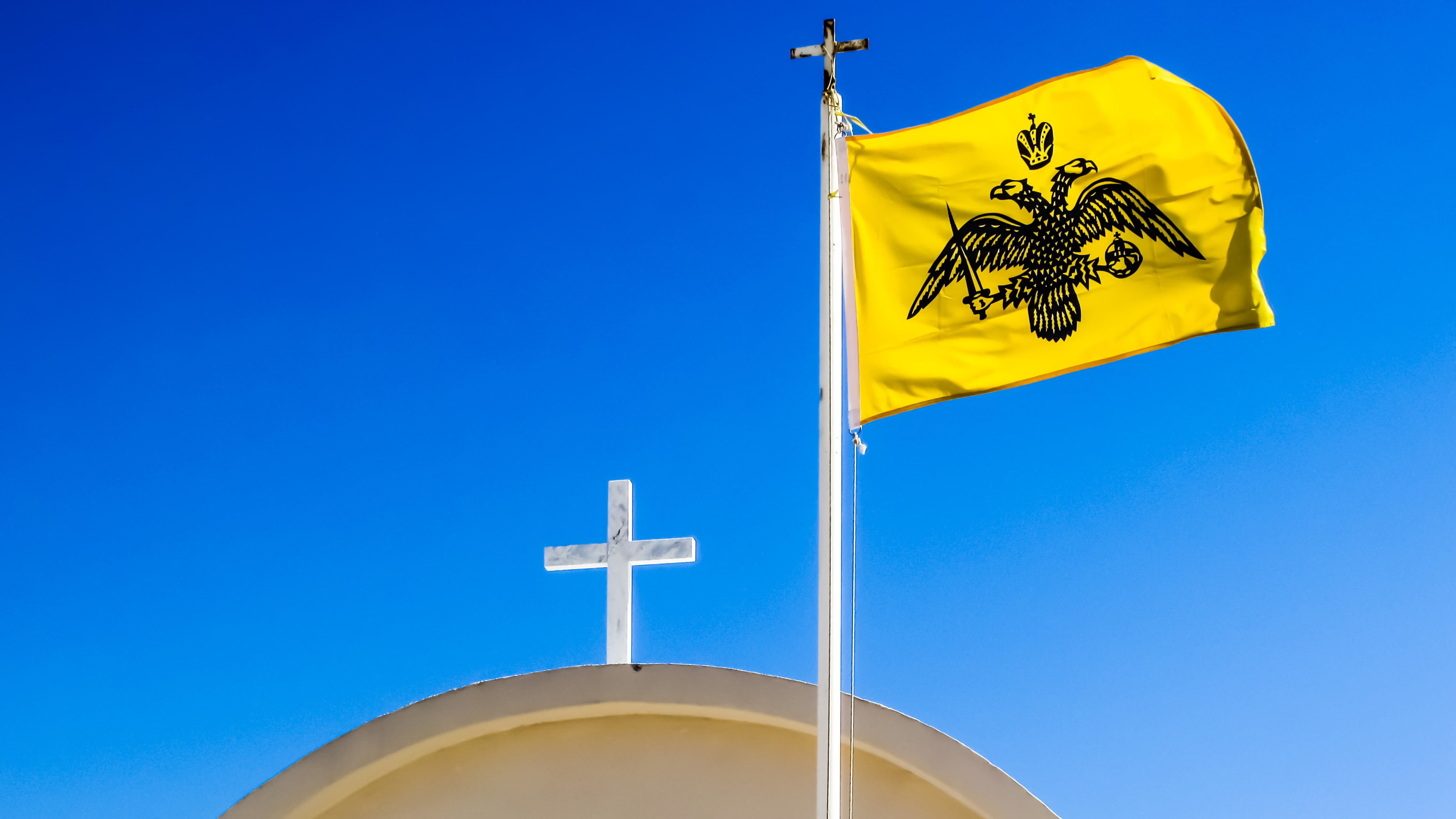 communication, environment, waving, byzantium, low angle view, pole, sky, sign, copy space, outdoors, two-headed eagle, day, clear sky, flag, no people, HD Wallpaper