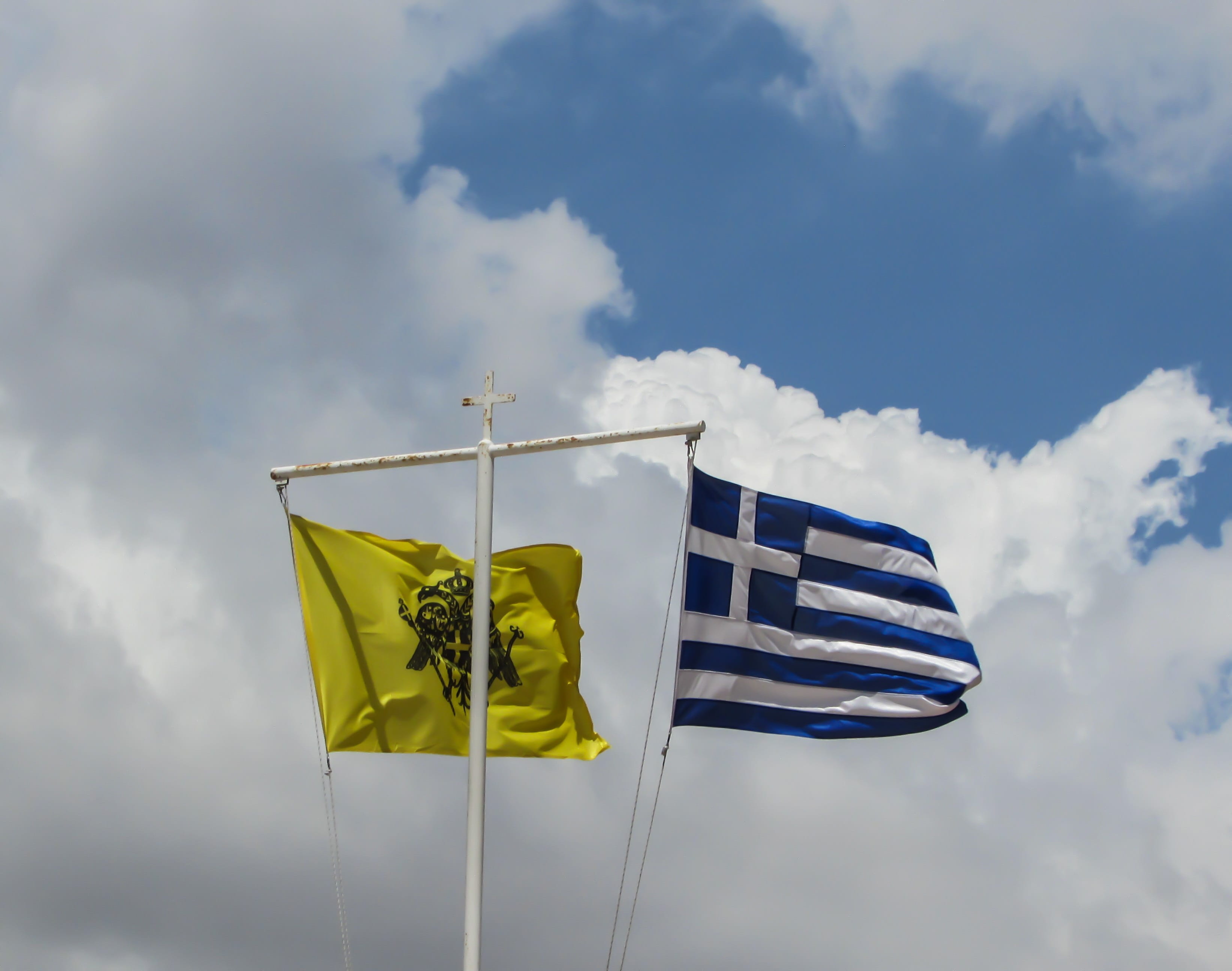 emotion, low angle view, day, clouds, symbol, no people, nature, outdoors, 2K, country, hanging, pride, Flags, sky, striped, Byzantium, yellow, Greece, HD Wallpaper