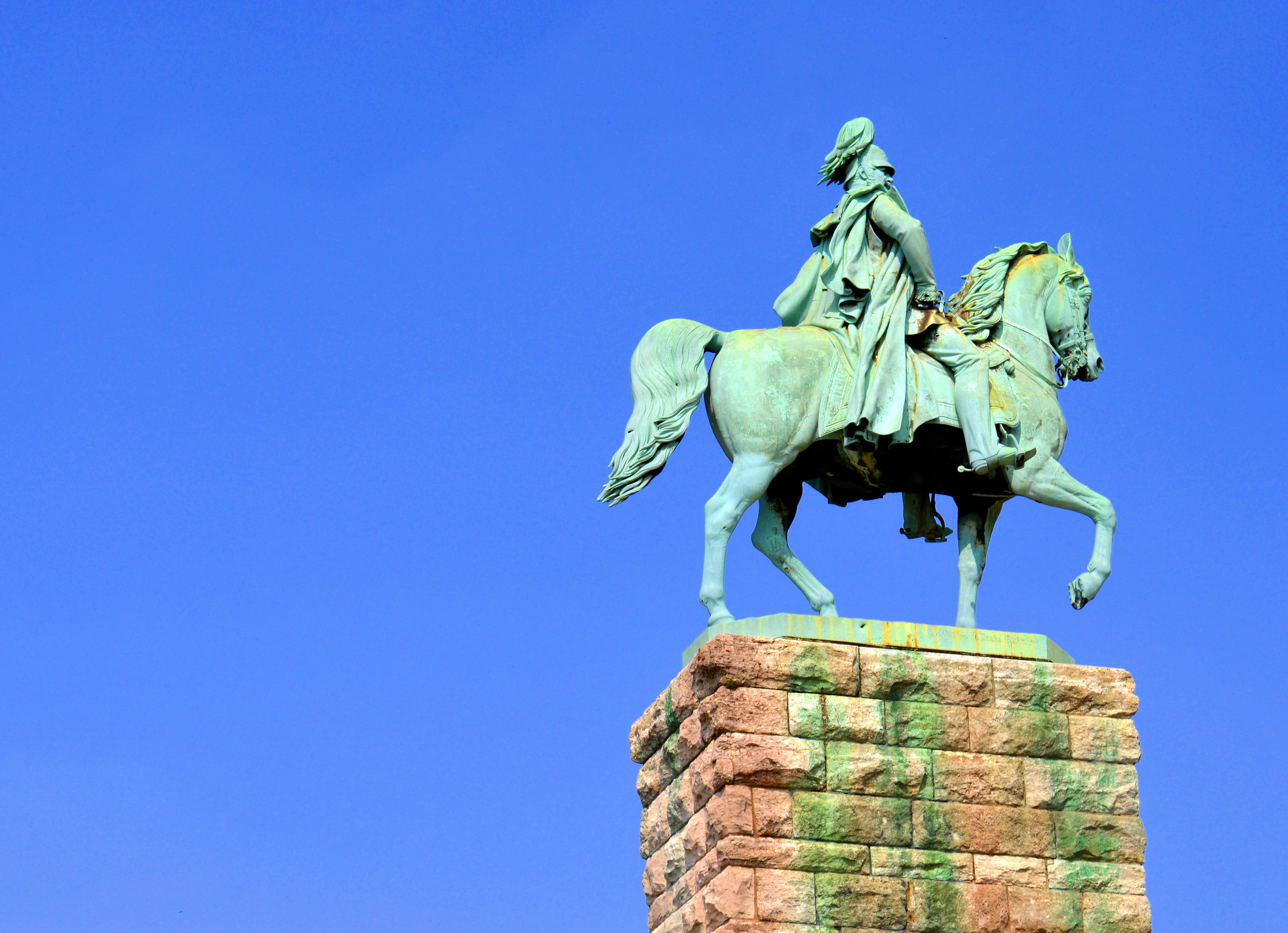 blue, famous Place, architecture, kaiser wilhelm, monument, nature, hohenzollern, livestock, horse, domestic, art and craft, clear sky, rheinbrücke, reiter, HD Wallpaper
