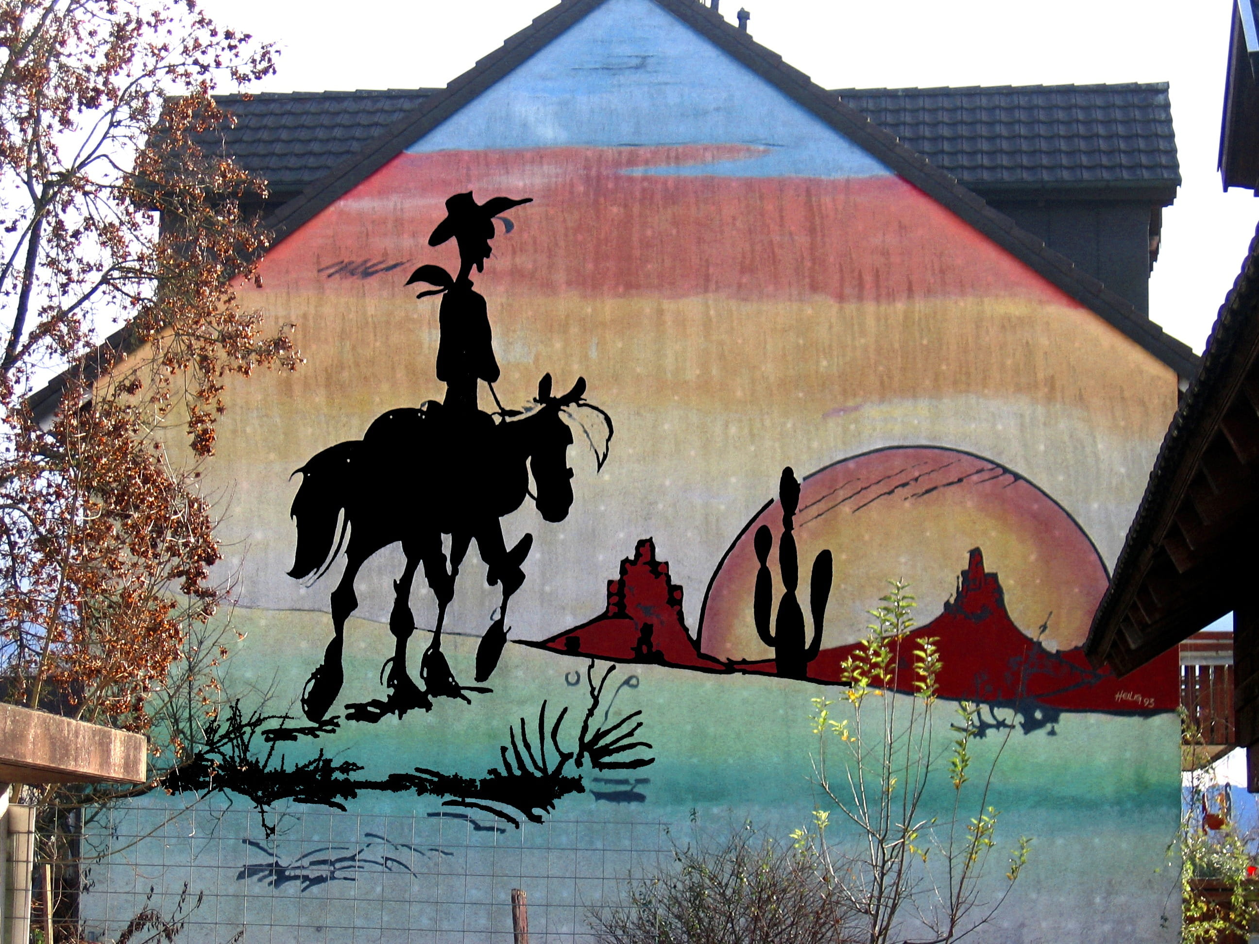 livestock, tree, art and craft, wall, silhouette, people, no people, Mural, Painting, comic, riding, Home, domestic animals, architecture, creativity, outdoors, HD Wallpaper