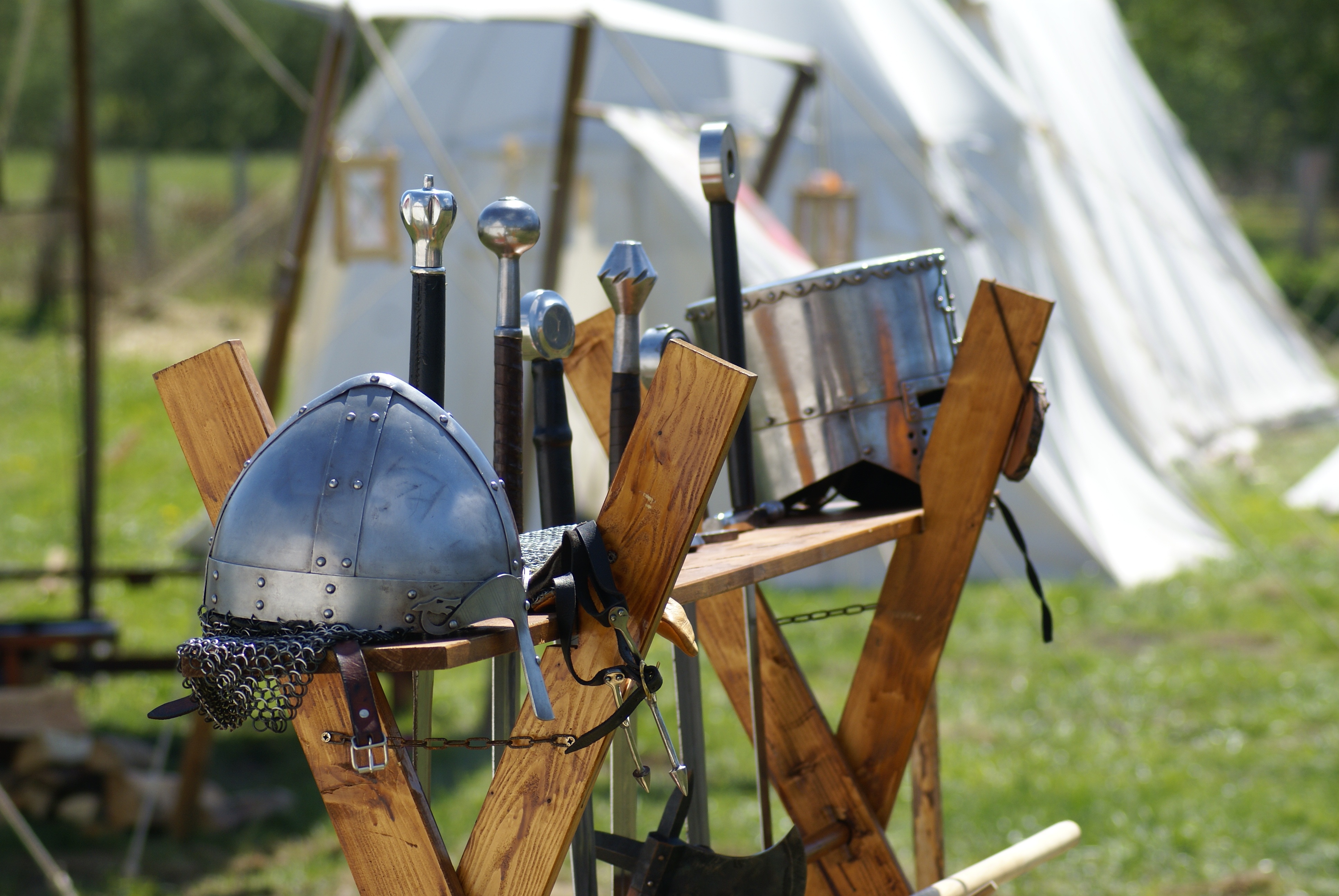 still life, viking, metal, day, sword, gear, old, helm, land, 4K, focus on foreground, wood - material, knight - Person, historically, outdoors, gray, HD Wallpaper