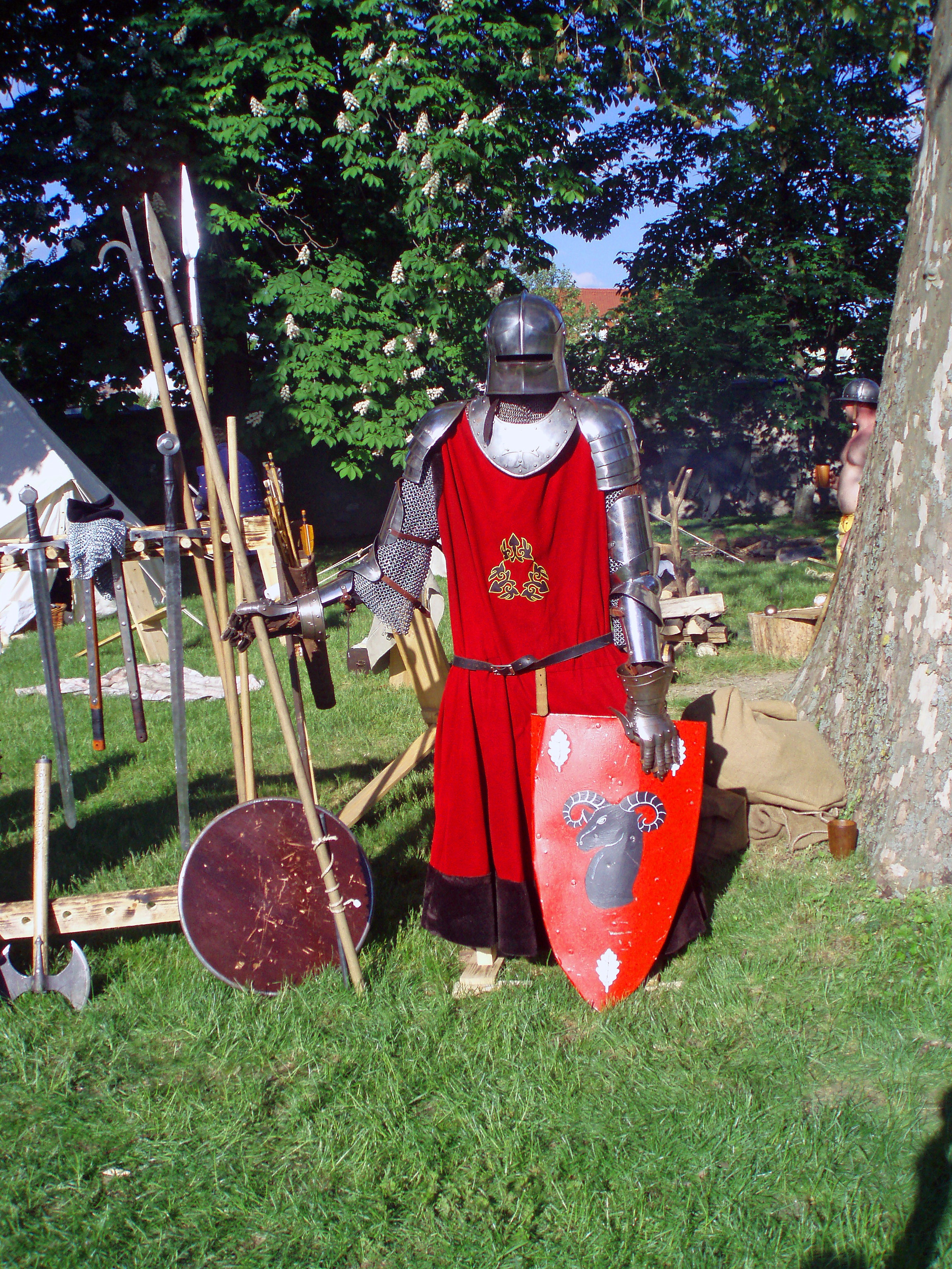 middle ages, red, ritterruestung, plant, grass, historically, religion, tree, history, 2K, outdoors, armor knight, knight, architecture, belief, nature, Phone HD Wallpaper