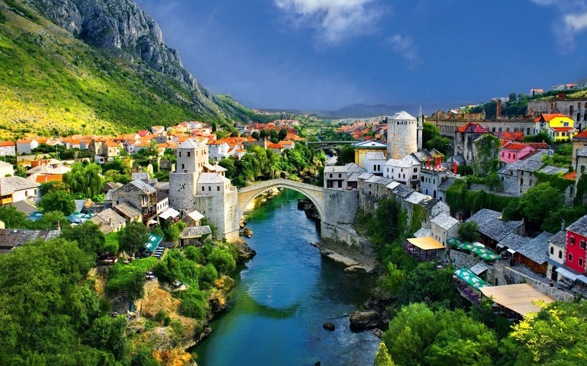 history, village, plant, 1080P, Bosnia, travel destinations, residential district, outdoors, building, river, Mostar, town, house, bridge, mountain, building exterior, HD Wallpaper
