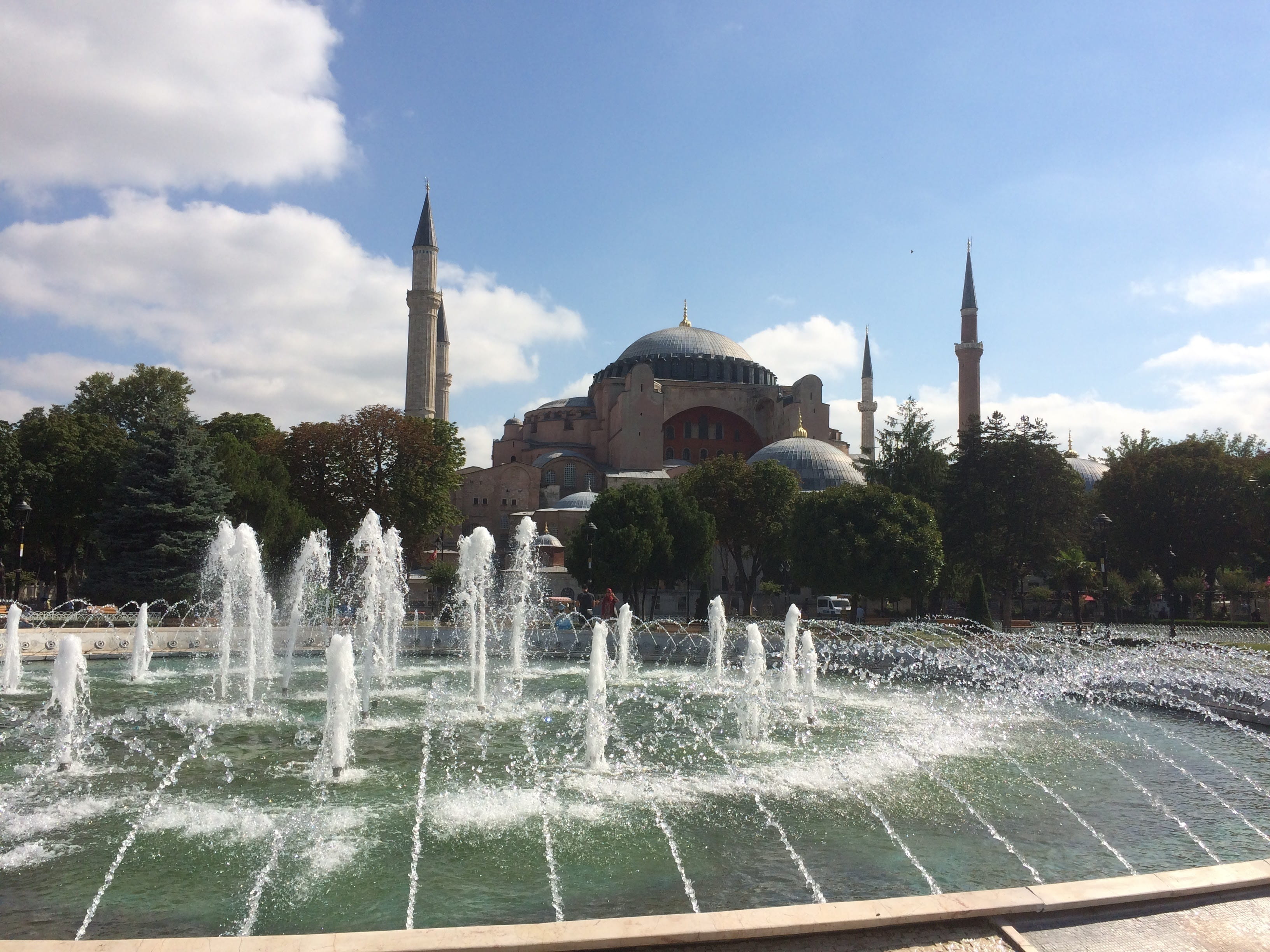 travel destinations, building, spire, 2K, hagia sophia mosque, sky, religion, spraying, tree, water, sultan ahmet new menu, belief, day, flowing, flowing water, HD Wallpaper