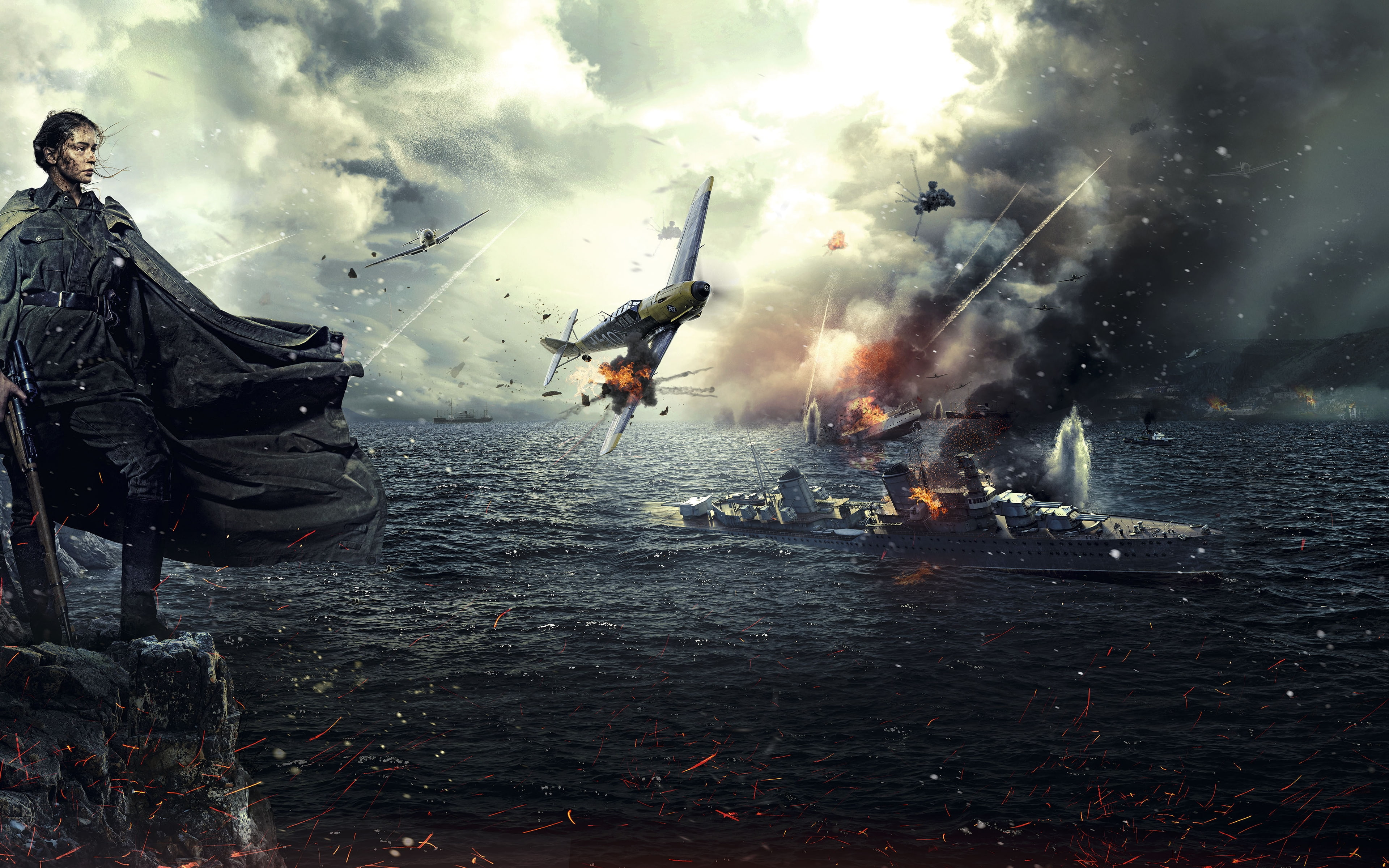 fighter, illustration, planes, person, sevastopol, 4K, cape, rocky, looking, wearing, black, standing, battle, cliff, HD Wallpaper