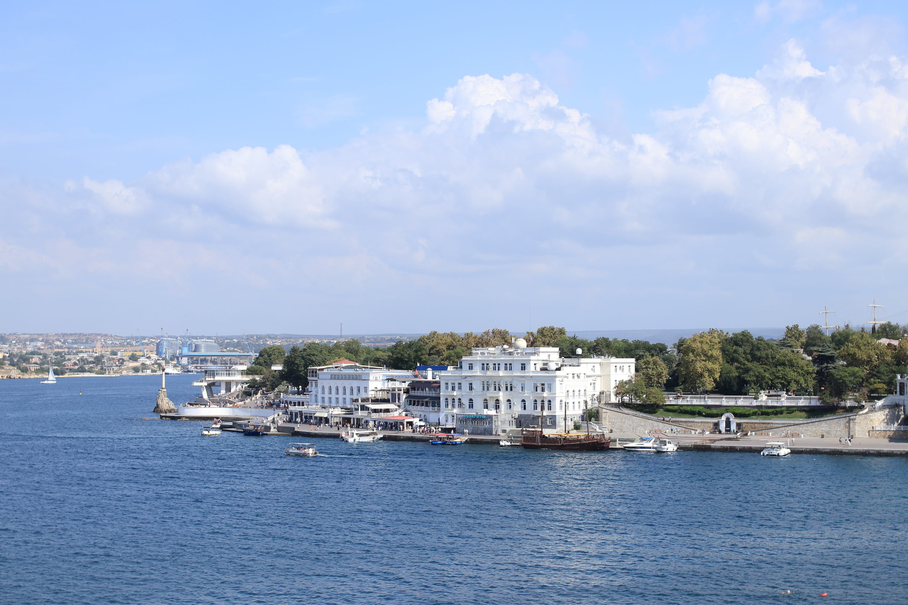 cityscape, nautical vessel, sky, cloud - sky, tree, nature, clouds, pier, city, sea, sevastopol, 2K, summer, no people, outdoors, water, architecture, HD Wallpaper