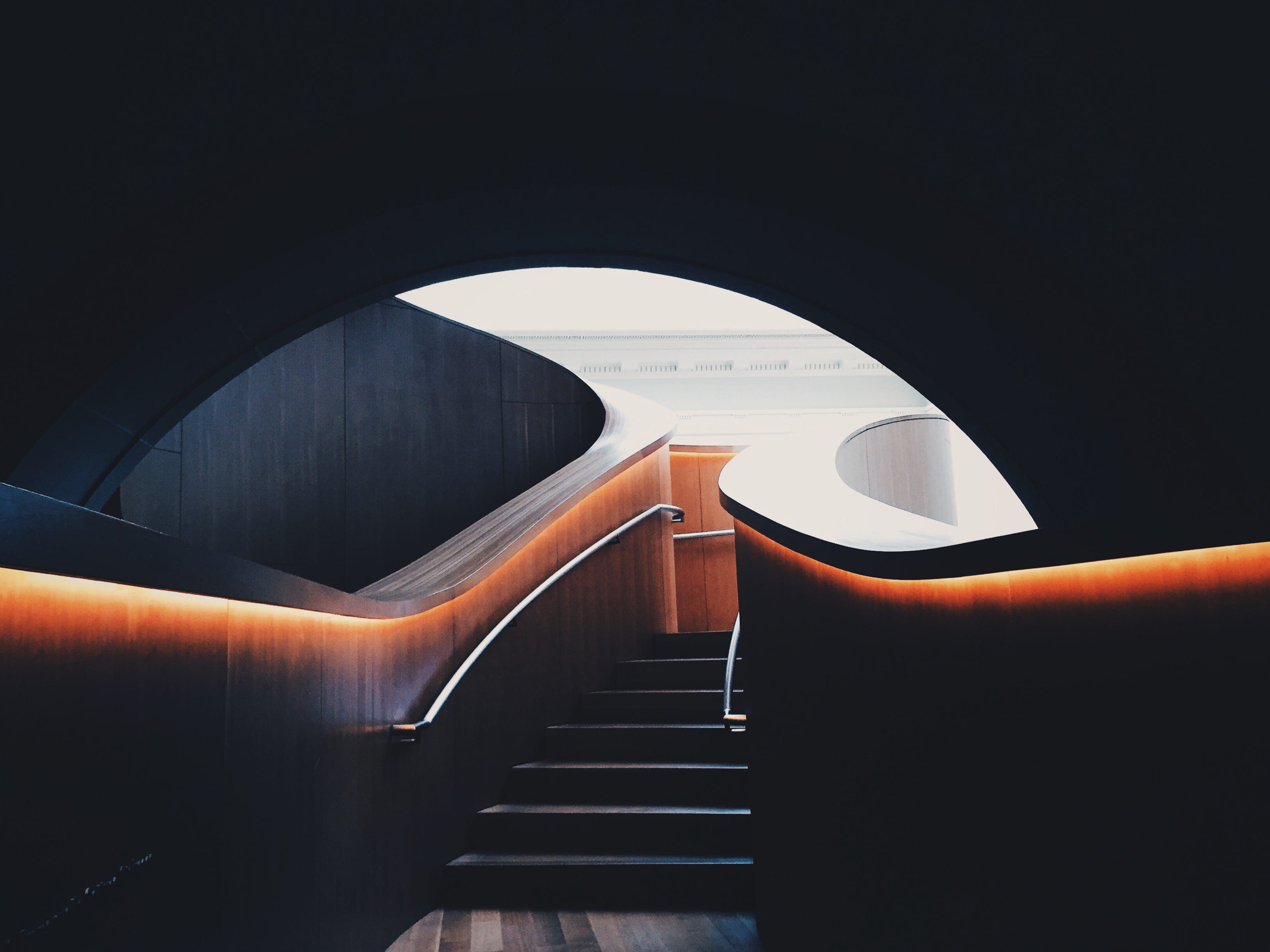 contrast, staircase, walkway, underground, direction, stair, music, museum, illuminated, light, ladder, built structure, railing, architecture, building, HD Wallpaper