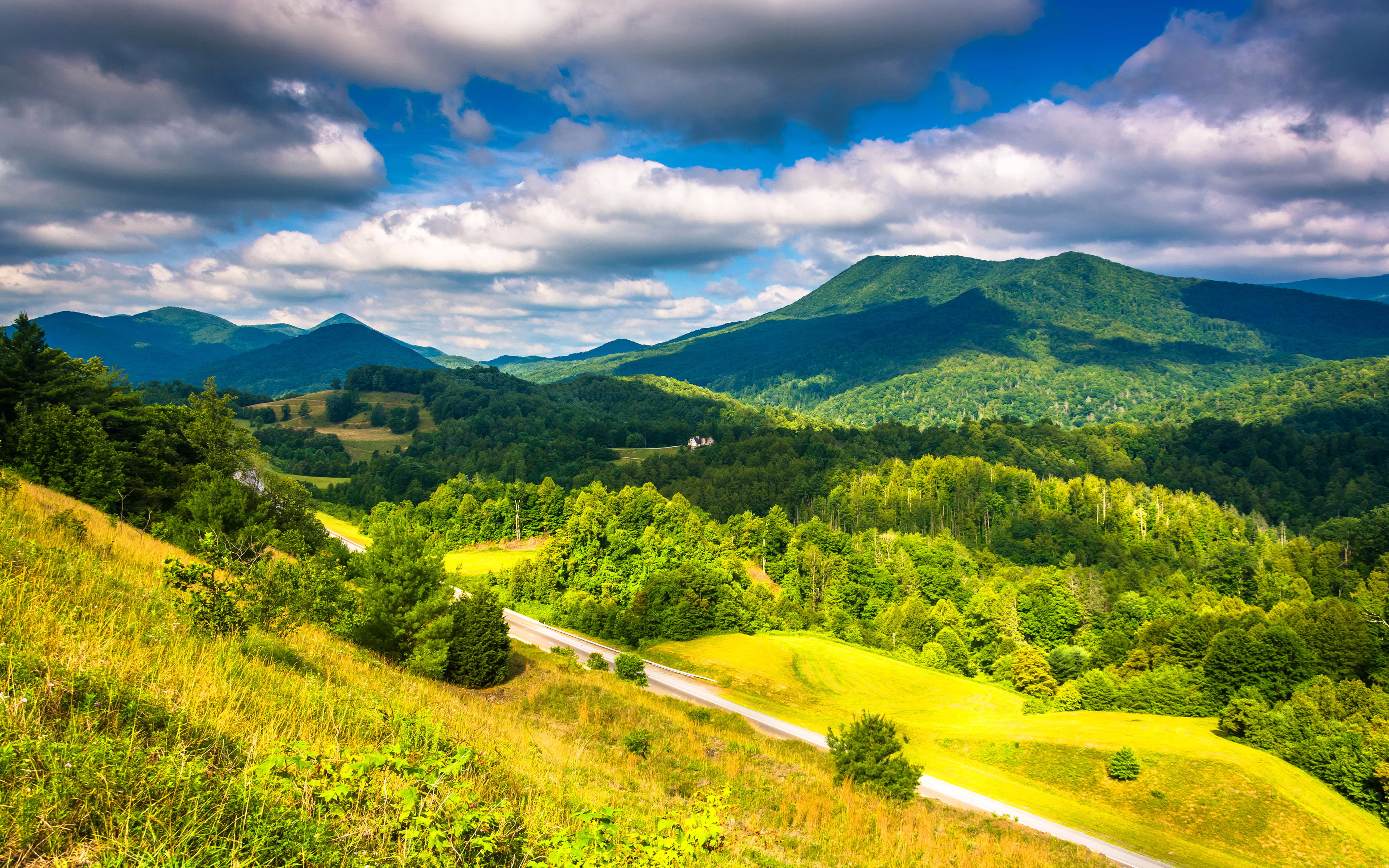 appalachian, scenics - nature, mountain, beauty in nature, land, non-urban scene, mountains, mountain peak, period, pine tree, ago, transportation, coniferous tree, HD Wallpaper