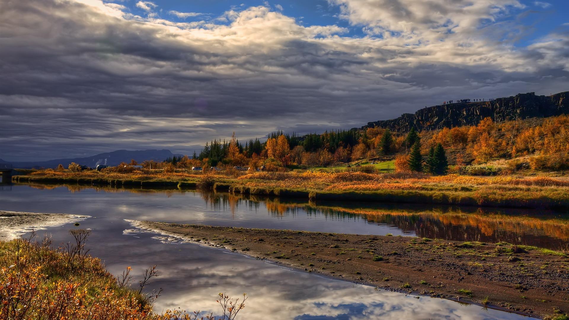 autumn, 1080P, nature and landscapes, river, people, shore, clouds, forest, countryside, HD Wallpaper
