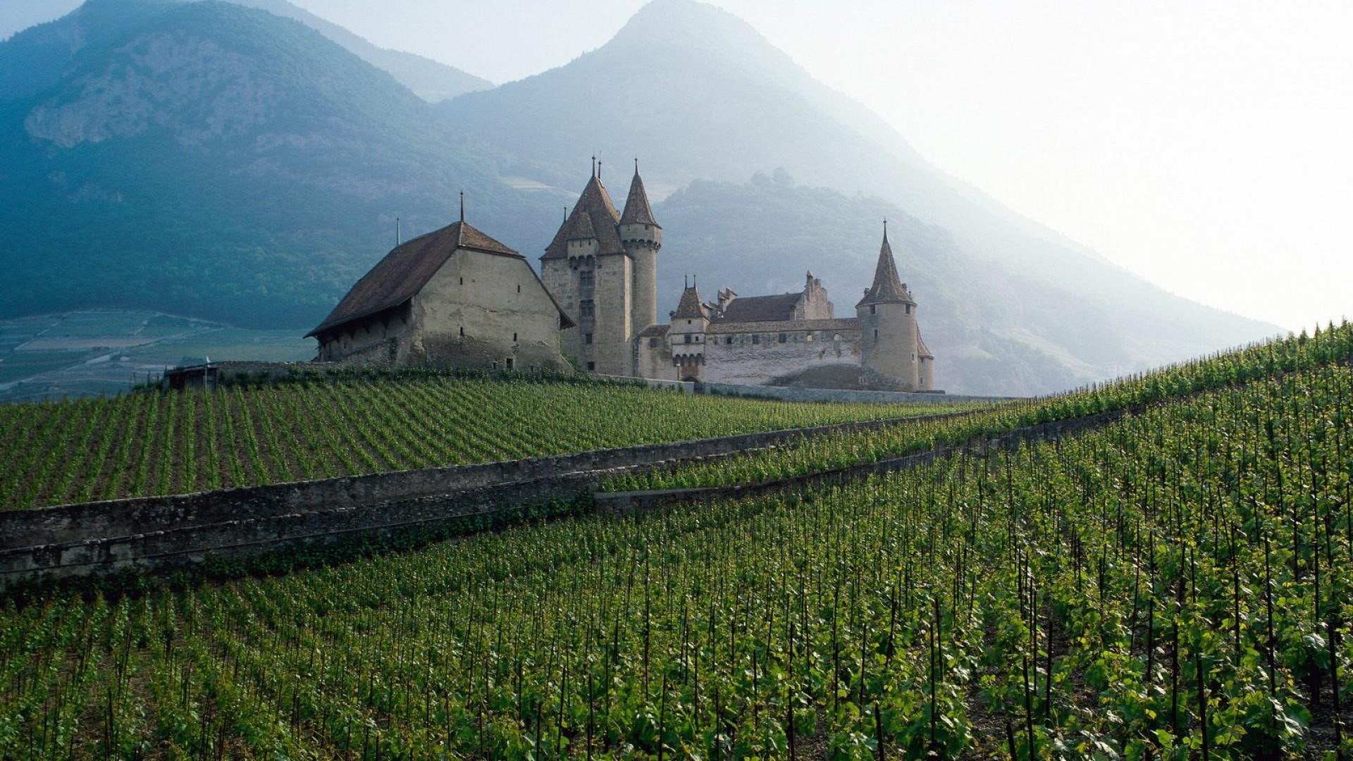 swiss, 1080P, castle, fields, nature and landscapes, countryside, mountains, haze, HD Wallpaper