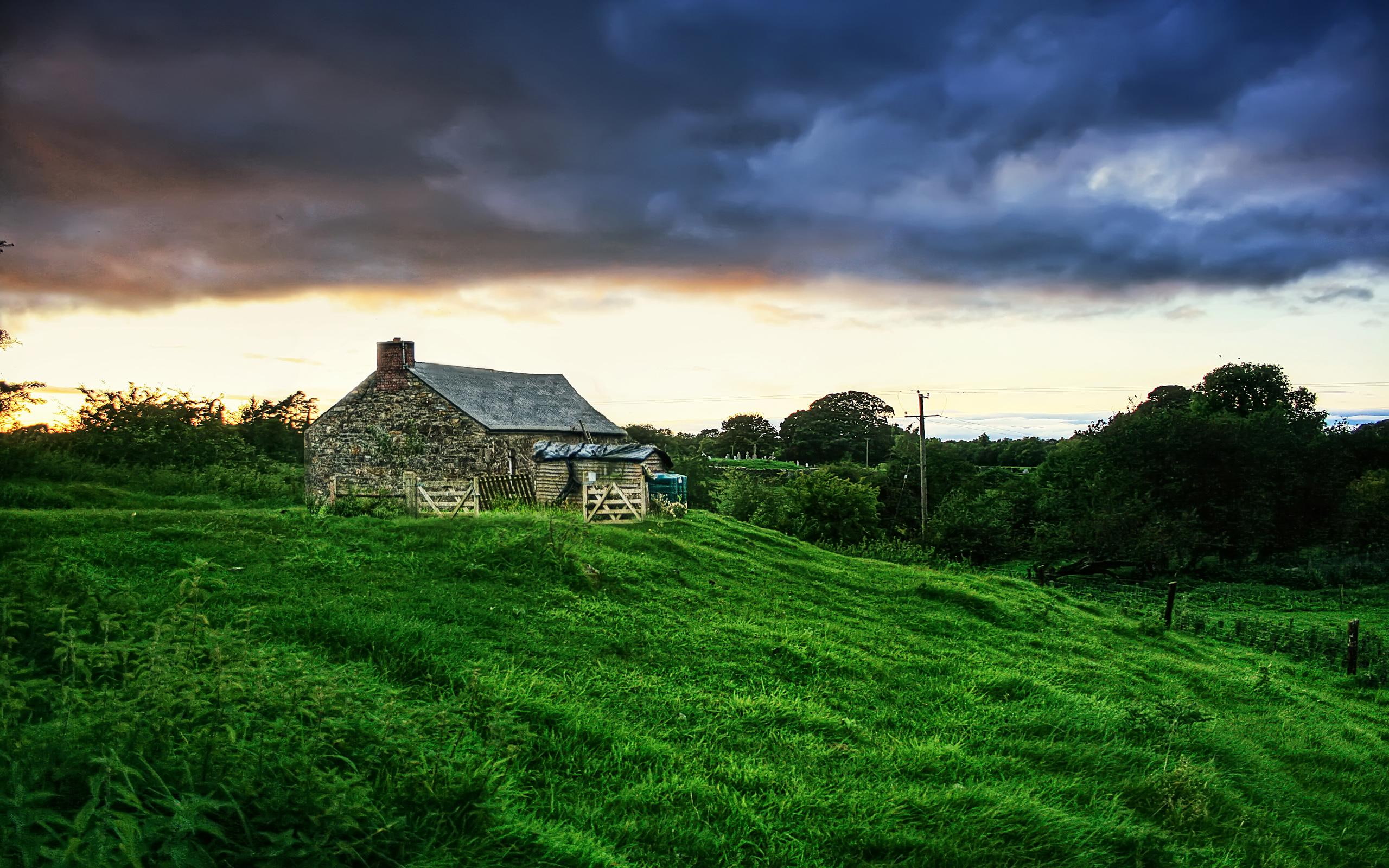 graveyard, clouds, trees, green, rural, hills, house, countryside, 3d and abstract, overcast, fields, 2K, hut, HD Wallpaper