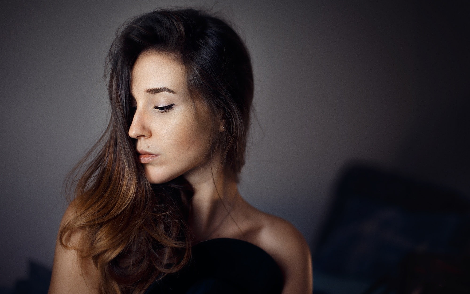 wavy hair, face, bare shoulders, auburn hair, women, depth of field, portrait, model, 1080P, Lorenza, Lorenza Cani, HD Wallpaper