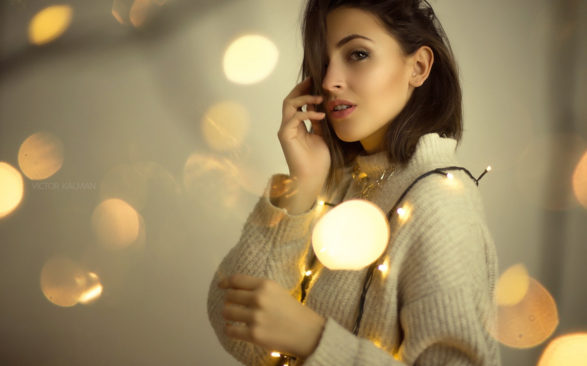Victor Kalman, model, looking at viewer, 1080P, brunette, face, women, sweater, HD Wallpaper