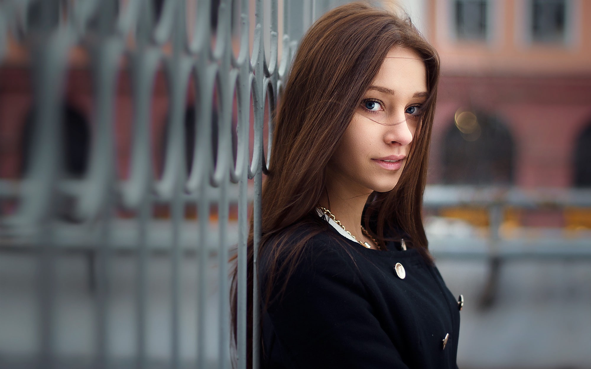smiling, face, black coat, looking at viewer, women outdoors, model, urban, women, portrait, Victor Kalman, 1080P, HD Wallpaper