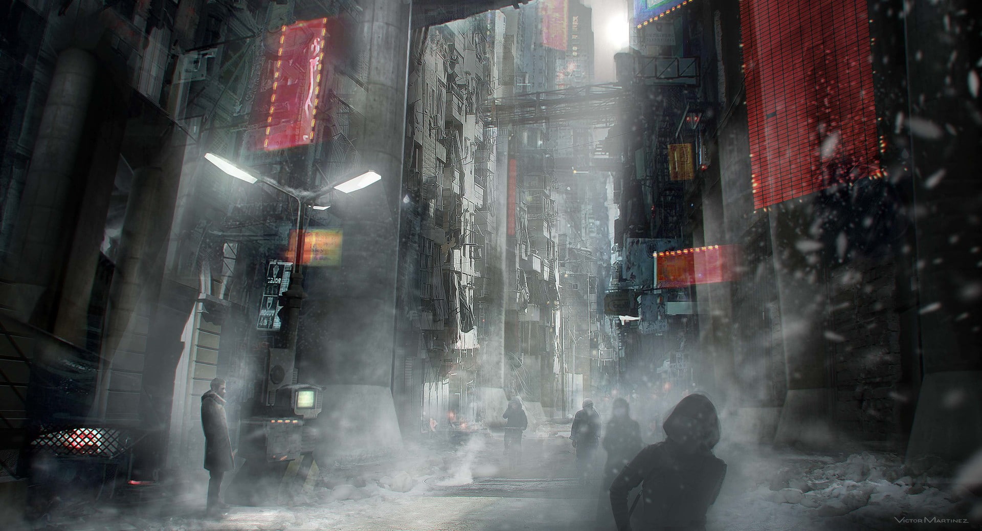 1080P, Victor Martinez, smoke, city, street, digital art, futuristic city, fantasy art, HD Wallpaper